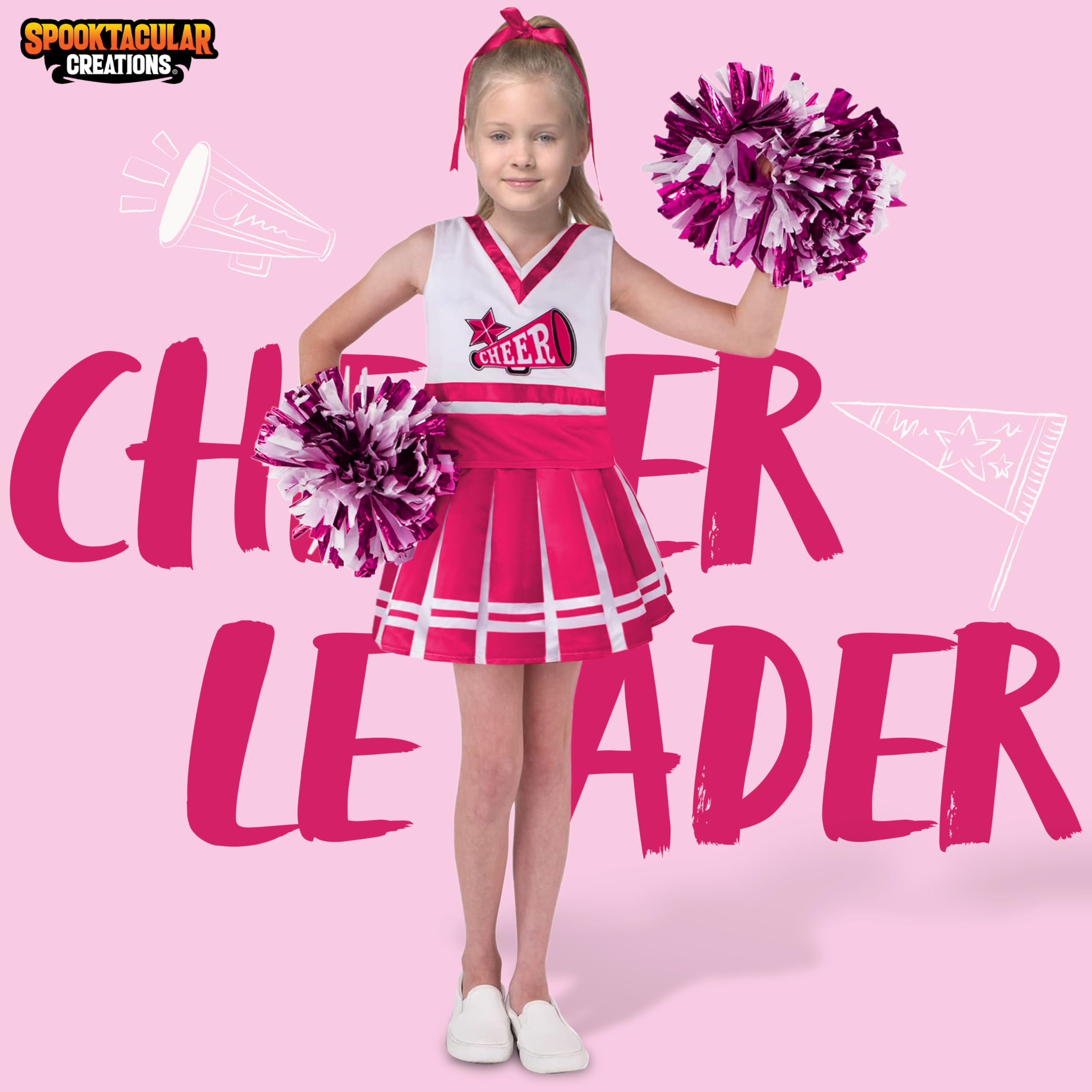 Spooktacular Creations Cheerleader Costume for Girls, Kids Halloween Cheerleader Outfit, Child Cheerleading Uniform for Halloween Dress Up Parties, Pink, L