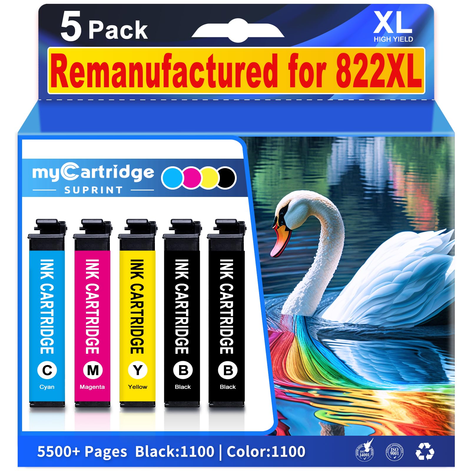 822XL Ink Cartridges Remanufactured Replacement for Epson 822XL Ink Cartridges 822 XL for Epson WF-3820 Printer WF-4820 WF-4830 WF-4833 WF-3823 Printer 5 Pack 822XL 822XL5P