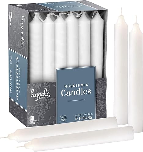 Hyoola Velas cónicas  Vela blanca sin goteo de 6 pulgadas, sin perfume, paquete de 36 velas hechas en Europa de 5 horas de tiempo de combustión