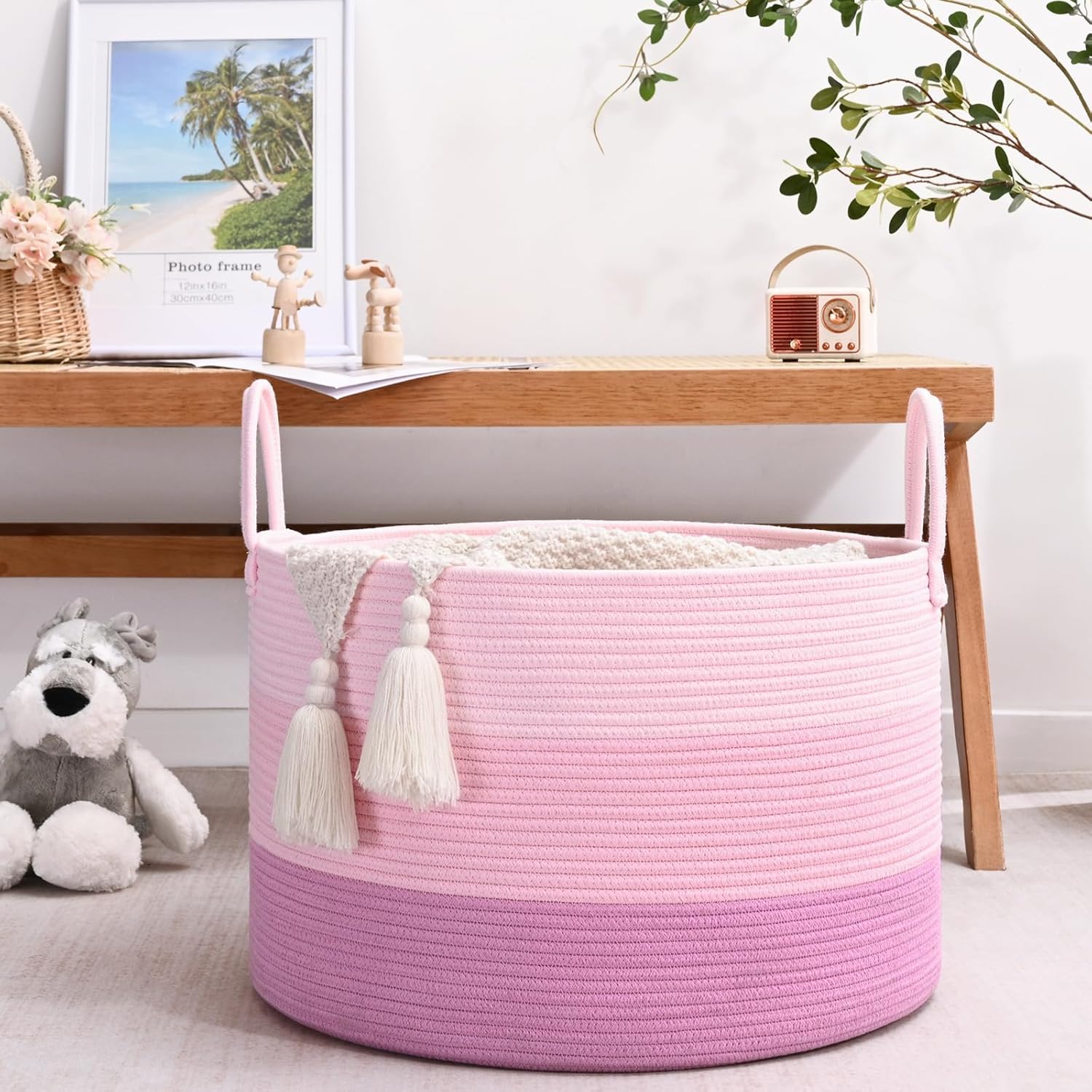 Extra Large Toy Basket, 20"x13" Kids Toy Storage for Playroom Classroom Nursery, Woven Rope Blanket Basket with Handles, Stuffed Animal Organizer & Dog Toys Basket, Pink