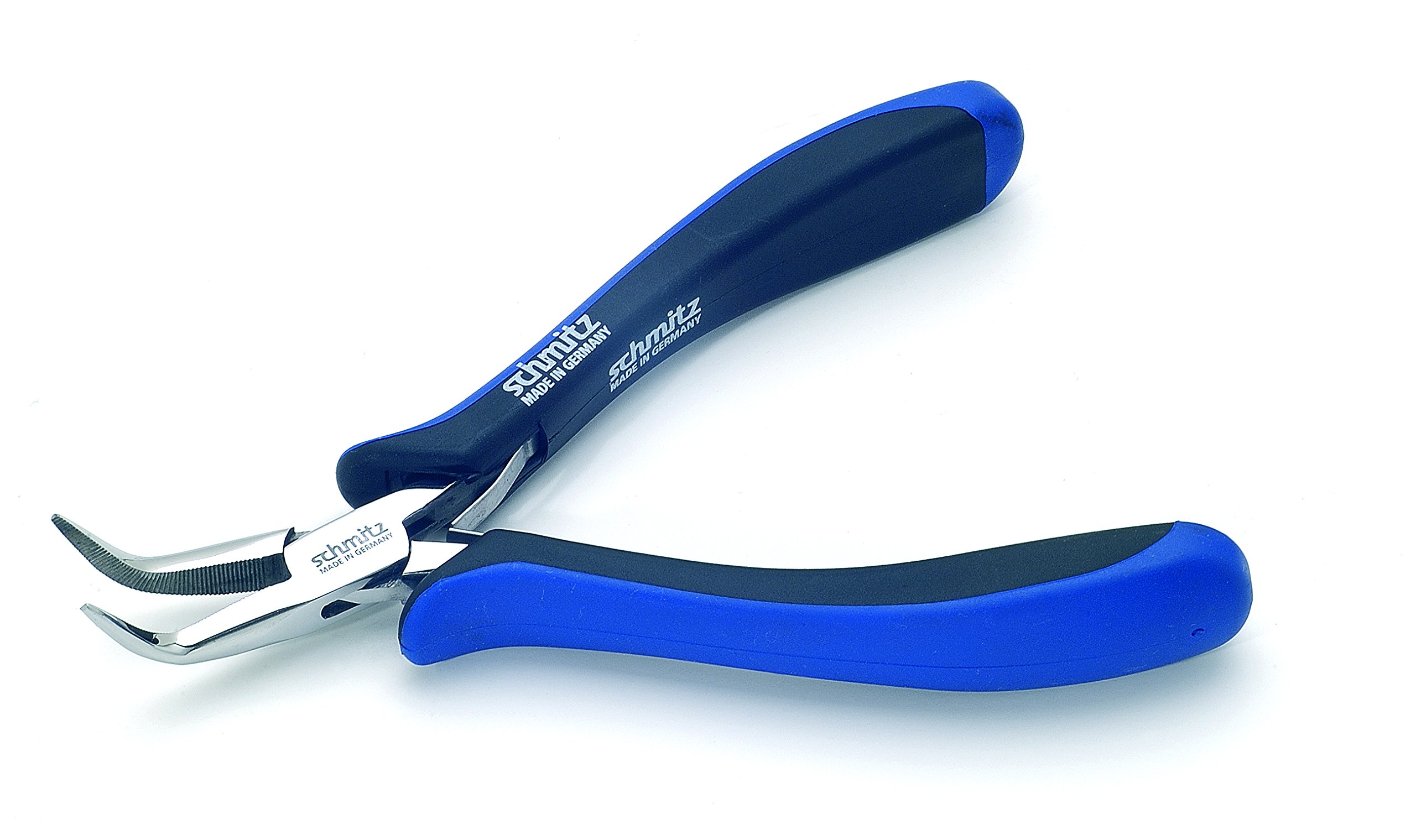 Spitzzange 140mm - schmitz 4203HS22 - gebogene, lange Greif-Backen ohne Verzahnung - ESD - EGB - Dissipative/Ableitend - Durchgestecktes Zangengelenk für den Profi - Made in Germany - Solingen