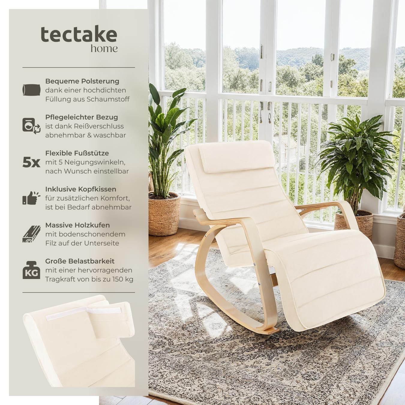 tectake® Schaukelstuhl mit Armlehnen aus Birkenholz, Relaxsessel mit 5-Fach Verstellbarer Fußsstütze, bis 150 kg belastbar, mit Polster, Sessel für Wohnzimmer, Schaukelsessel, Fernsehsessel - beige