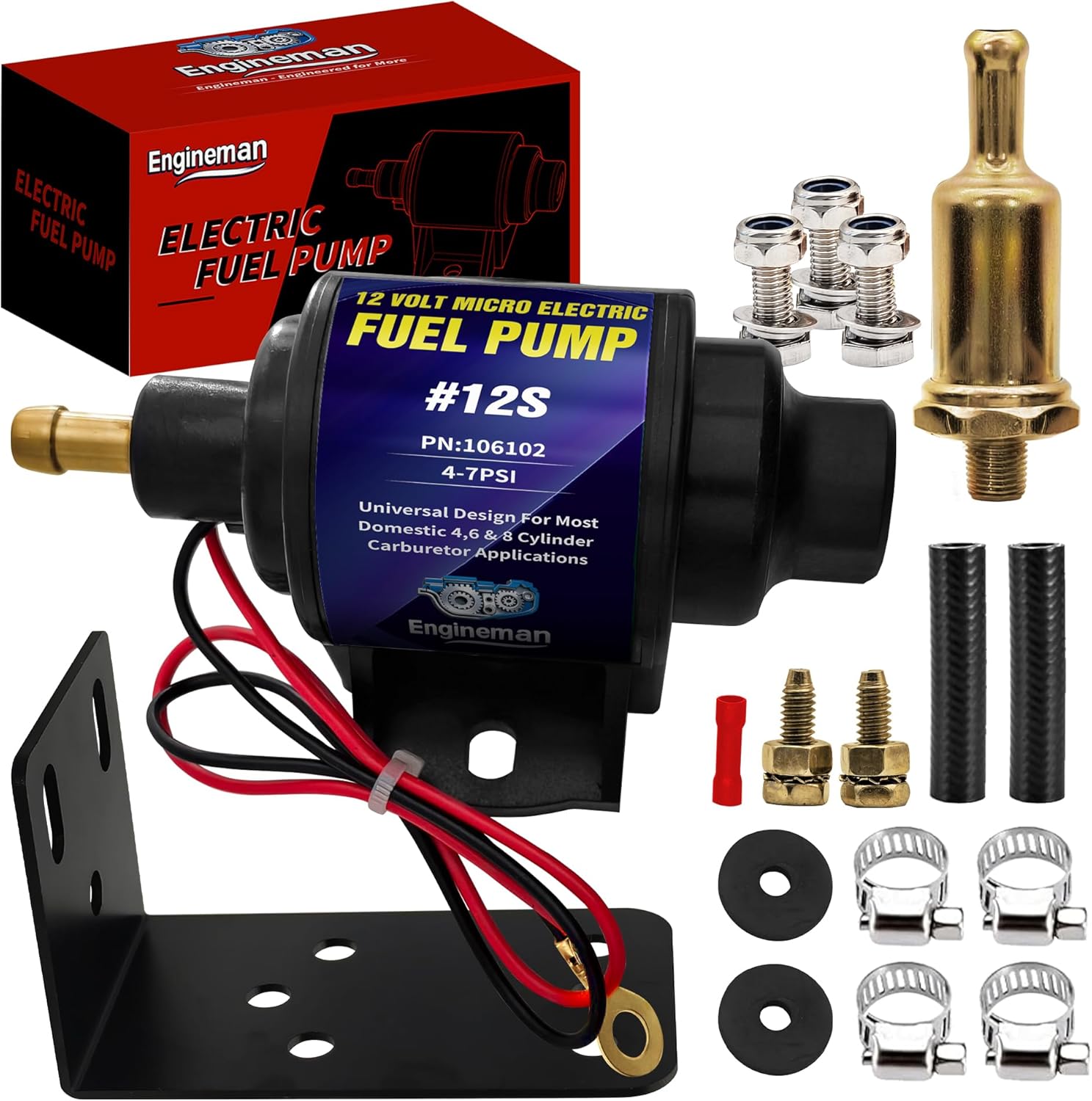 ENGINEMAN Universal 12V Electric Fuel Pump 35GPH 4-7 PSI 5/16" Inlet/Outlet for Carburetors, Generators, Boats - Complete Kit