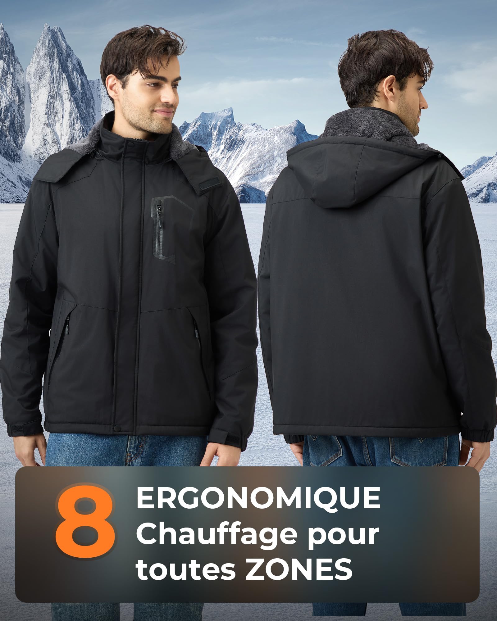 Veste Chauffante Homme Avec Batterie 18400 mah 12V，Manteau Hiver Chaud Doublure en Polaire, 8 Zones de Chauffante Avec 3 TempéRatures Thermique Veste Parka Vent Coat avec Capuche Amovible