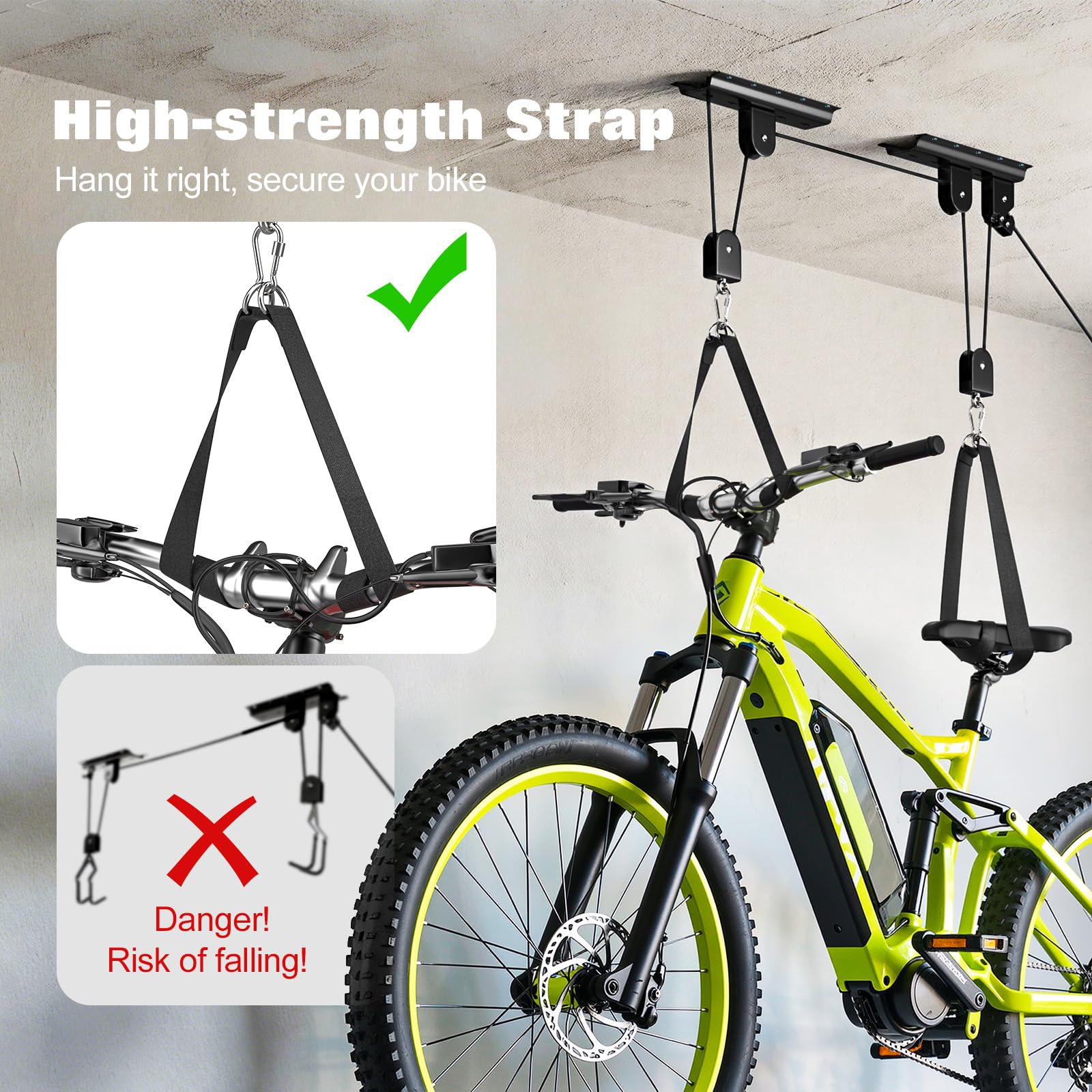 Housolution Sollevatore Biciclette, [1 Pz] Sistema Puleggia 88Lbs, Adatto Soffitti 10-16 Piedi, Sistema Stoccaggio Soffitto Robusto per Bici Strada, MTB, Fatbike, Ebike, Scale, Snowboard
