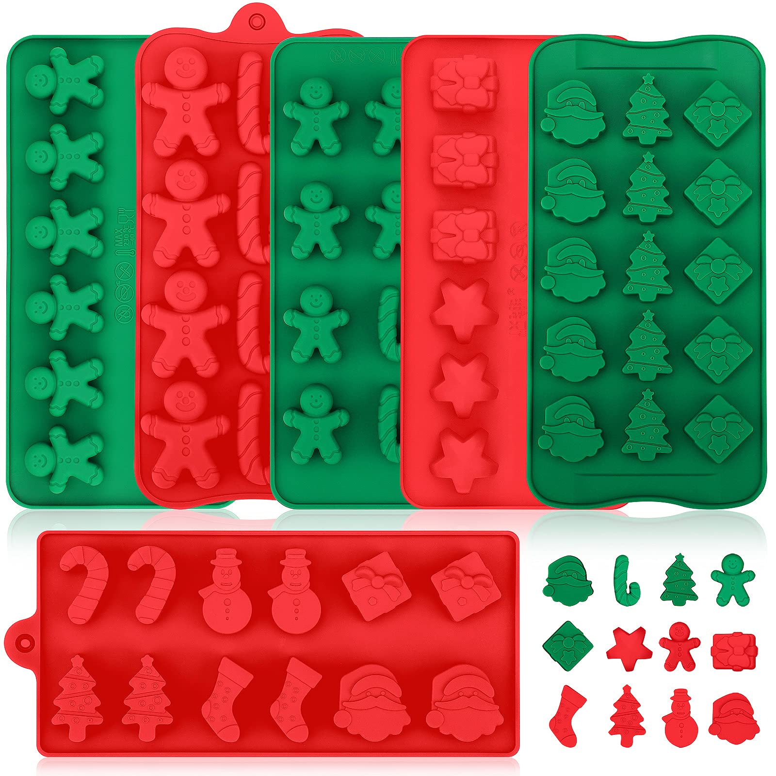 MCEAST 6 Pack Christmas Silicone Molds Non Stick Chocolate Candy Molds for Baking Sweet Treats, DIY Crafts and Soaps (Fluorescent Green, Red)