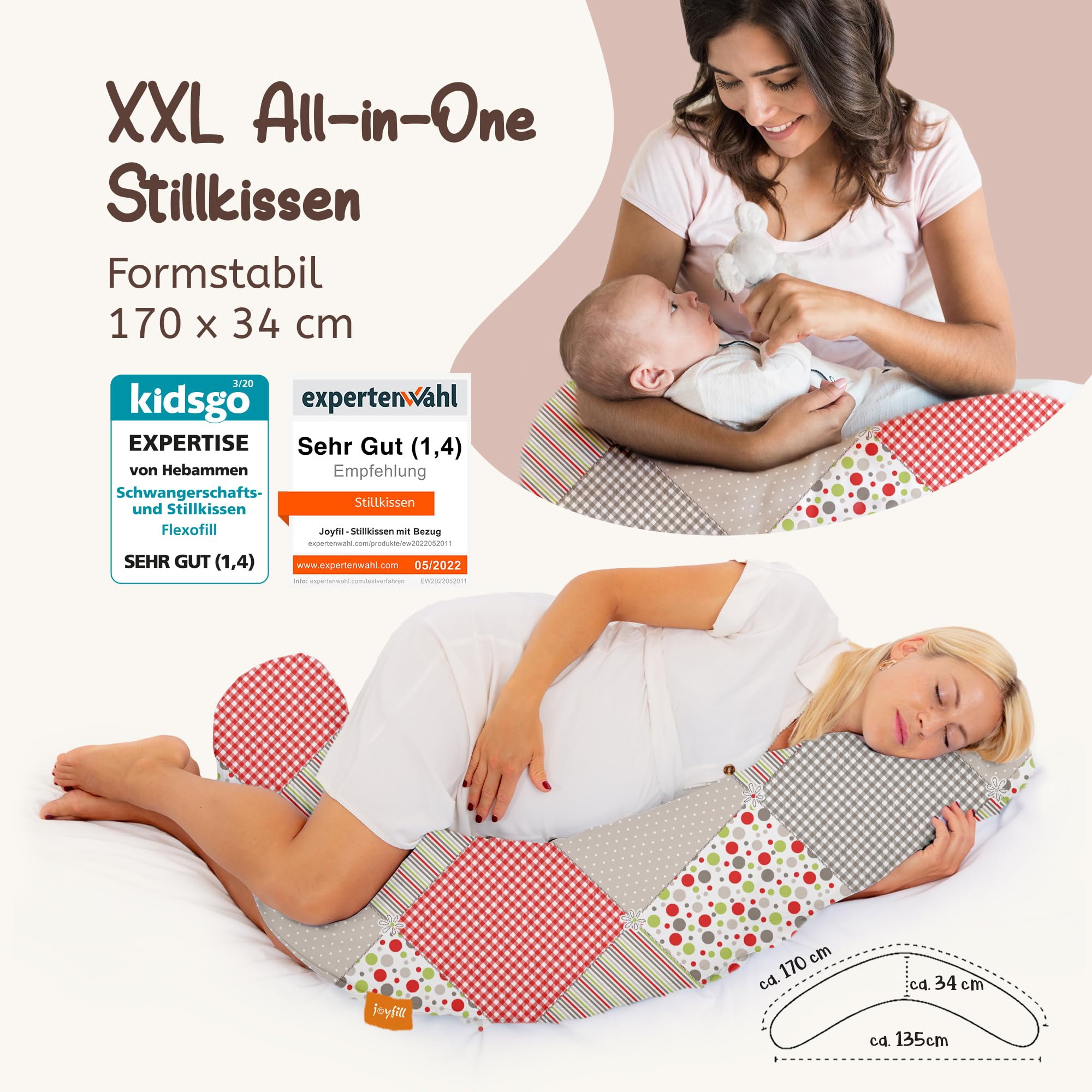 joyfill® Stillkissen Mikroperlen 190cm I Schwangerschaftskissen - Made in Germany I Ideal zum Schlafen & Stillen Dank Flüsterleiser & Bequemer Füllung (Patch, Stillkissen 170)