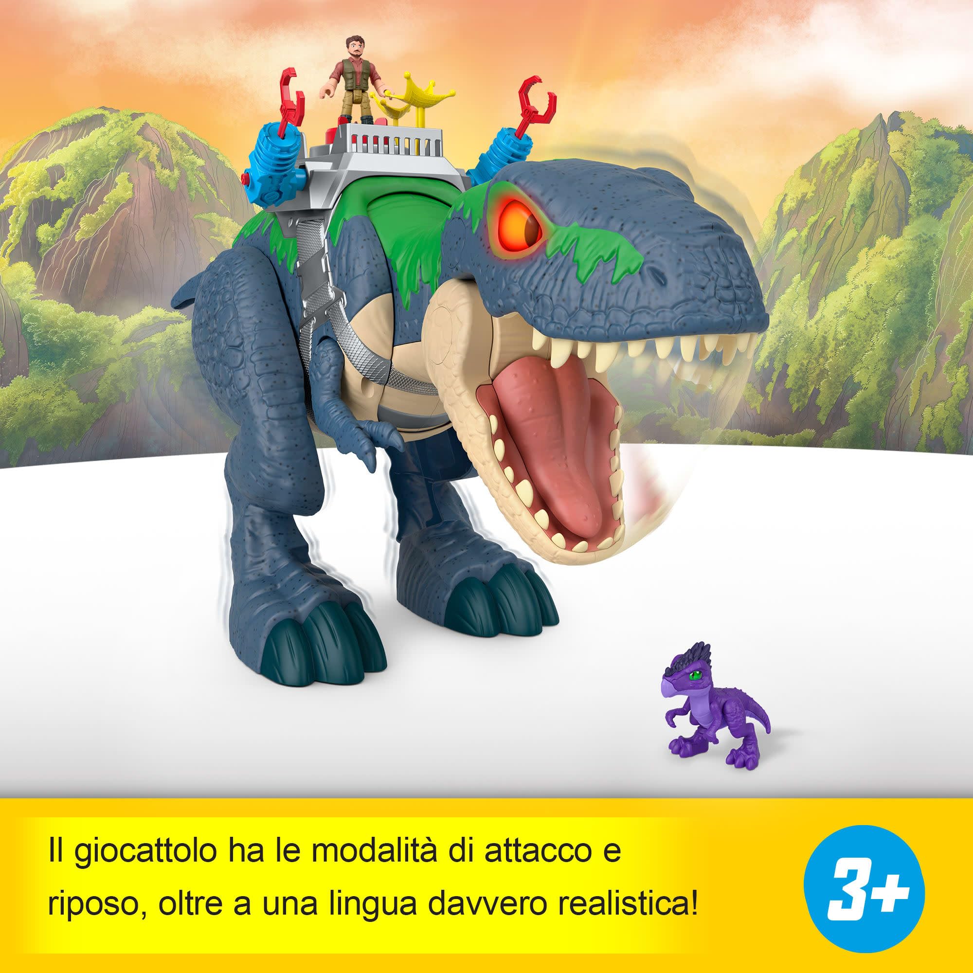 Imaginext Jurassic World La Rinascita - T-Rex Morso Devastante, set con dinosauro da 46 cm con luci, suoni e movimenti e 2 personaggi dal film inclusi, giocattolo per bambini, 3+ anni, JGR40