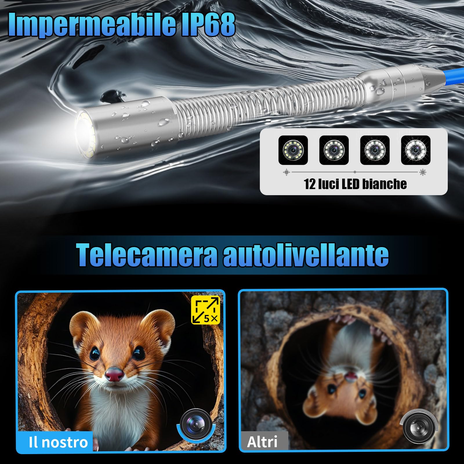 Telecamera di Ispezione 50m con DVR, Sonda con Telecamera Contatore di Distanza, Display a IPS da 9", Videoispezione per Tubazioni Impermeabile, Telecamera Endoscopica, Cavo di 7 mm più spesso