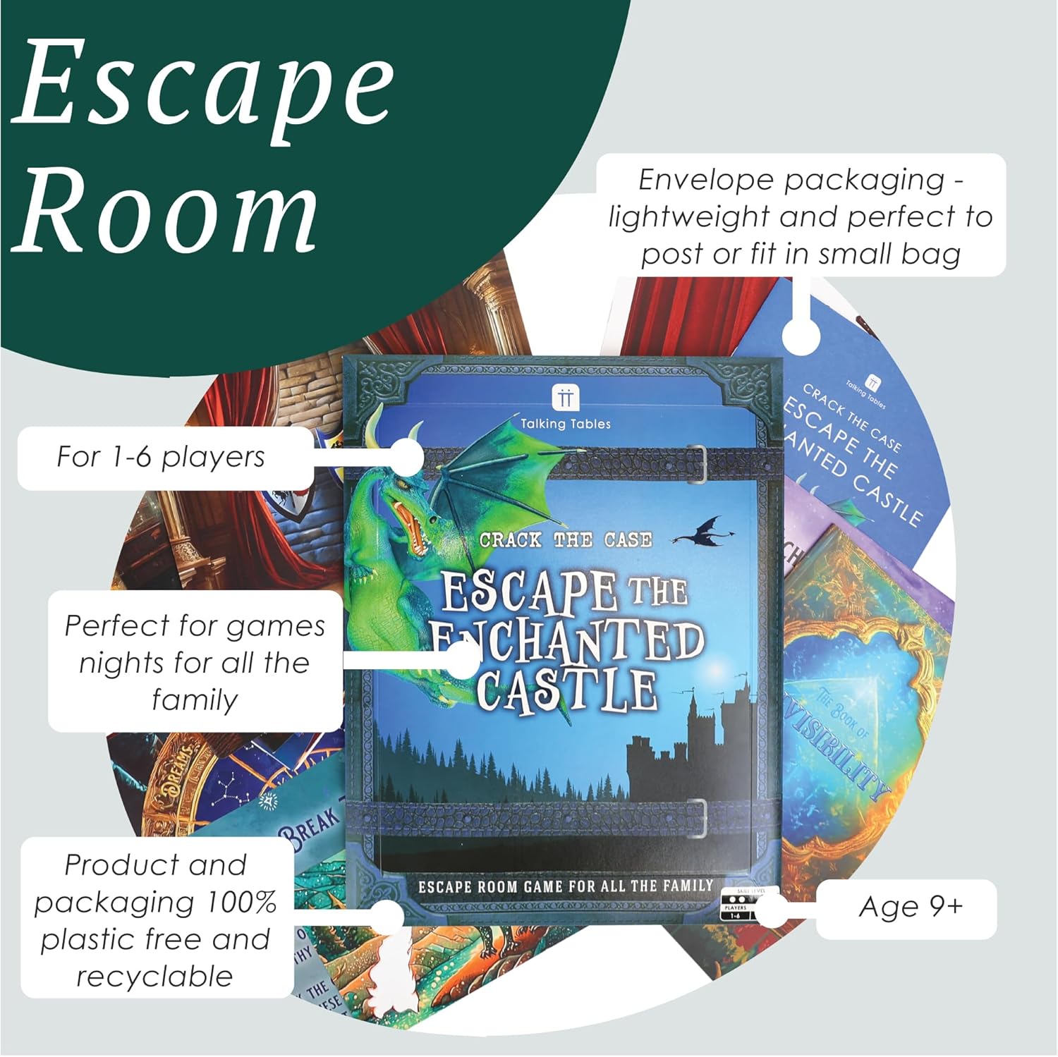Talking Tables Enchanted Castle Escape Room Game for Kids, Rescue The Dragon, Puzzles, Clues, QR Codes., Music, Family Games, Adults, Brain Teaser Puzzles Ages 9+, 1-6 Players