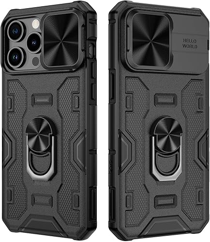 VEGO Funda para iPhone 15 Pro Max, iPhone 15 ProMax Kickstand Case con cubierta deslizante para cámara deslizante Soporte de anillo giratorio de 360