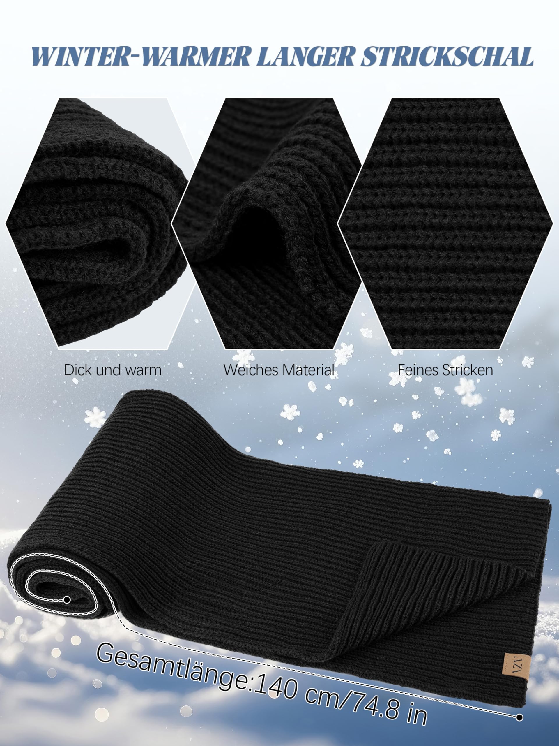 VZV Wintermütze, Schal, Handschuhe-Set: Warme Strickmütze, Touchscreen-Handschuhe, Langer Strickschal, Wintergeschenke für Herren, 3-teiliges