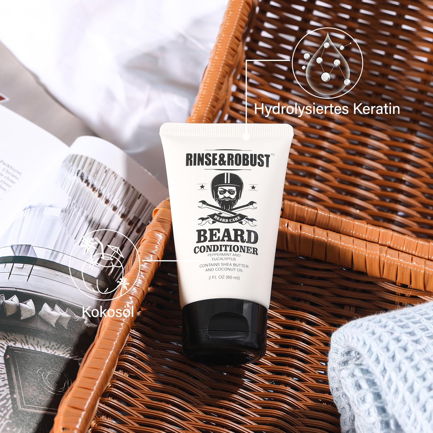 Rinse&Robust Kit de rinçage pour barbe 8 pièces avec sac de voyage, parfum eucalyptus, brosse à barbe, peigne à barbe, ciseaux à barbe, shampoing à barbe