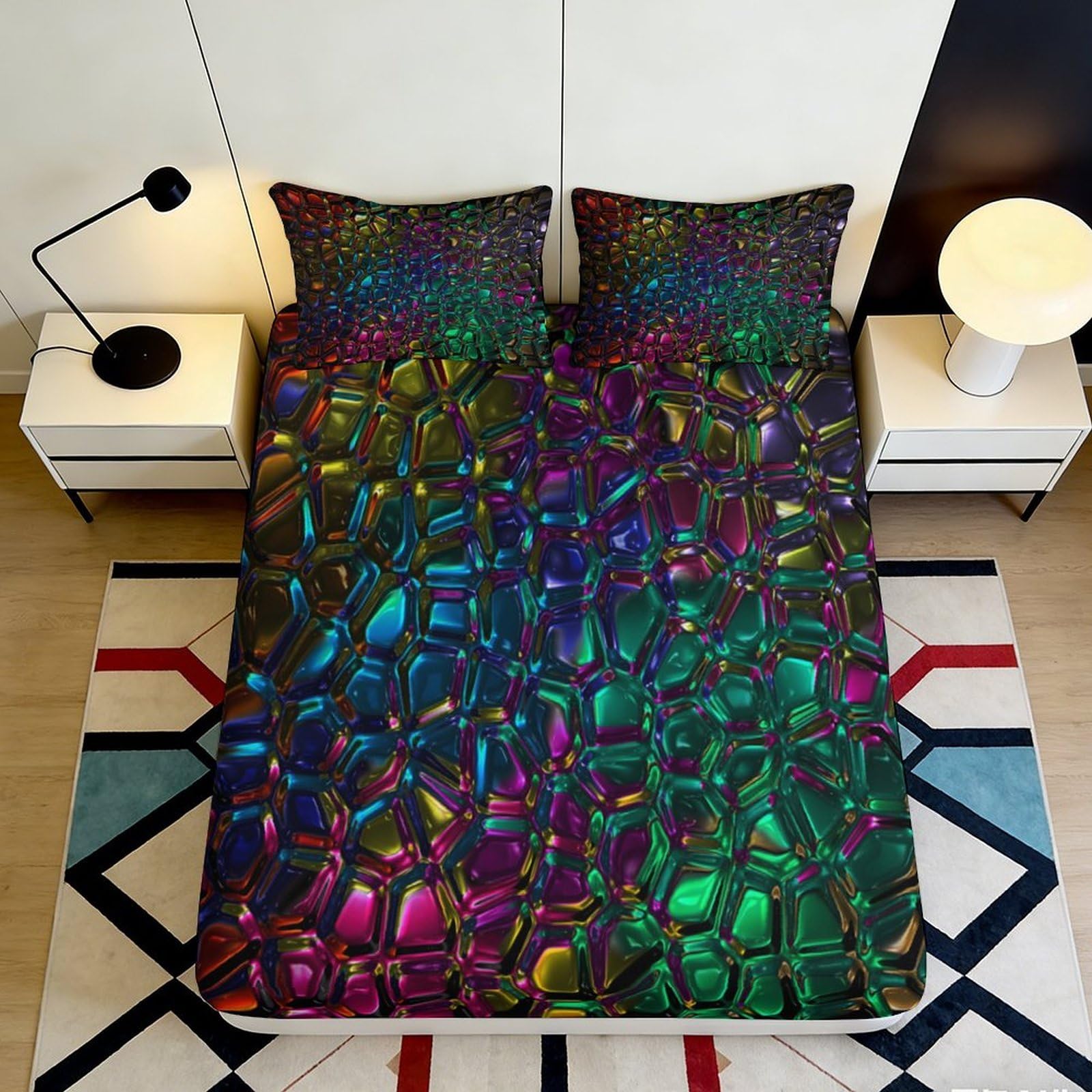 Jqzkxnhpbr Style-1 3D Printed Iridescent Mosaic Fitted Sheet Microfiber Vibrant Rainbow Abstract Mattress Cover For Bedroom Dorm Room Decor 90X200x25cm