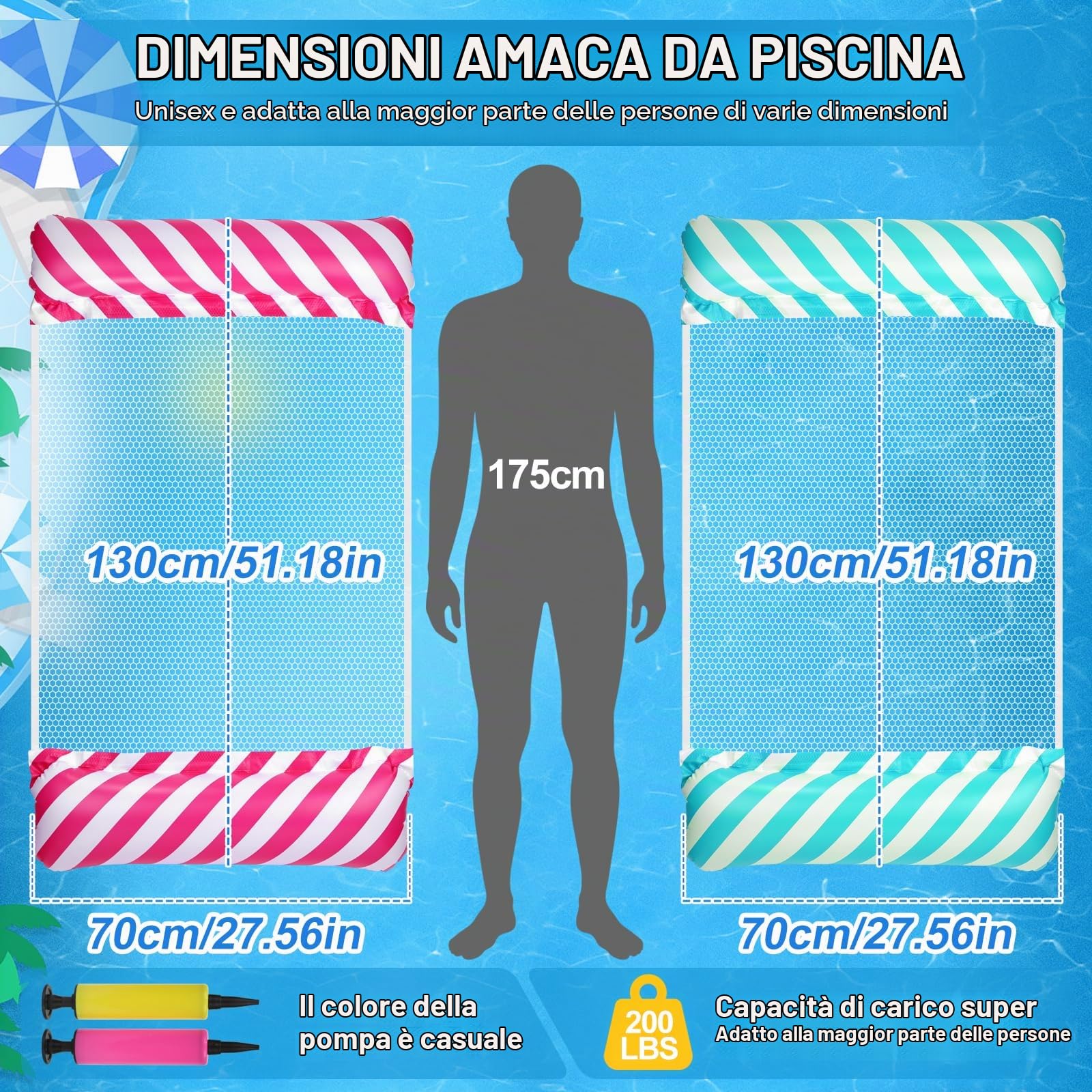 2 Pezzi Amaca Galleggiante,Materassino Gonfiabile 4-in-1 con Due Pompe,130x70 CM Materassino Piscina Pieghevole,Gonfiabili Piscina Adulti,Accessori per Piscine e Spiaggia Estivi(Blu e Rosa)