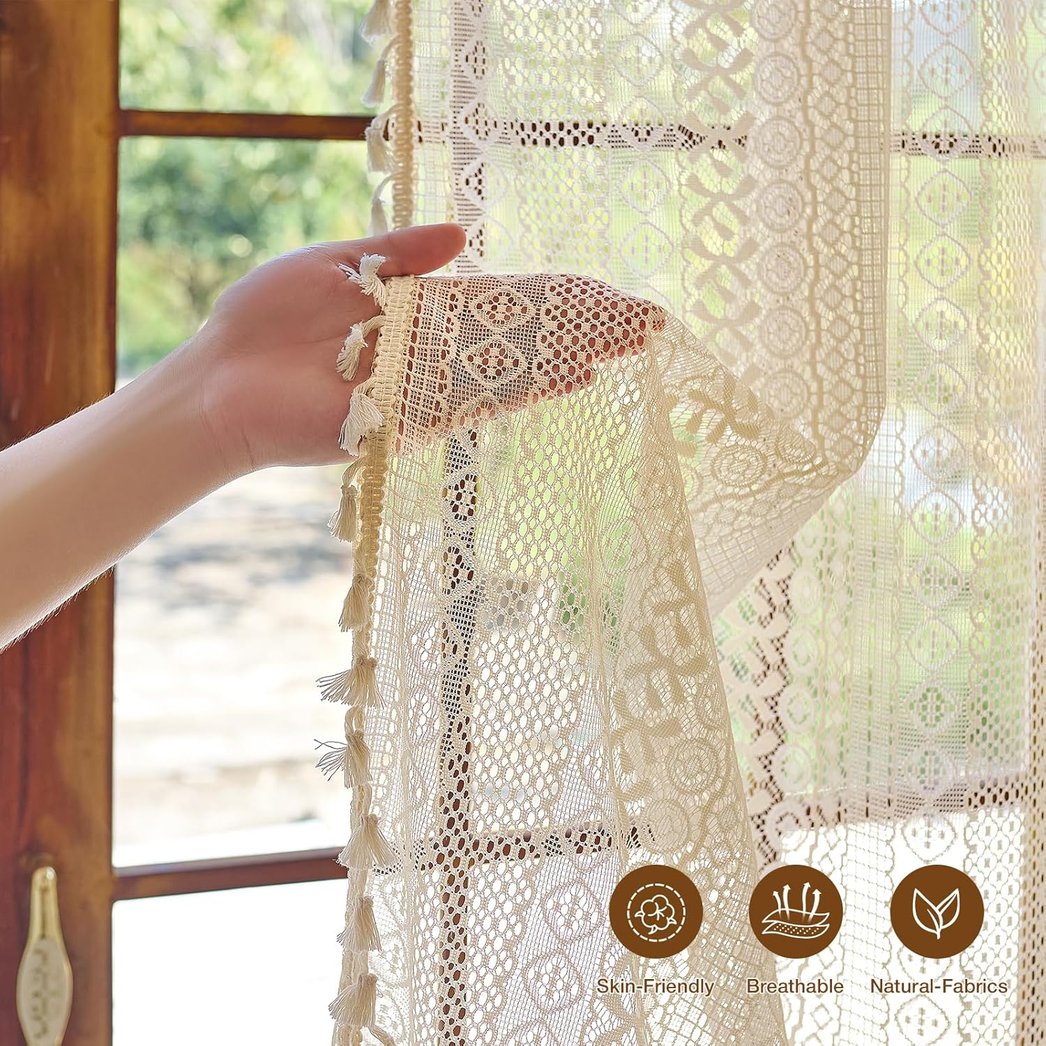 Anmao Boho Curtains Crochet Lace Semi-Sheer Hollow Out Knitted Tassels Curtain 84 Inch Length 2 Panels Set for Living Room, Vintage Bohemian Light Filtering Rod Pocket Drapes, (W52xL84, Cream Beige)