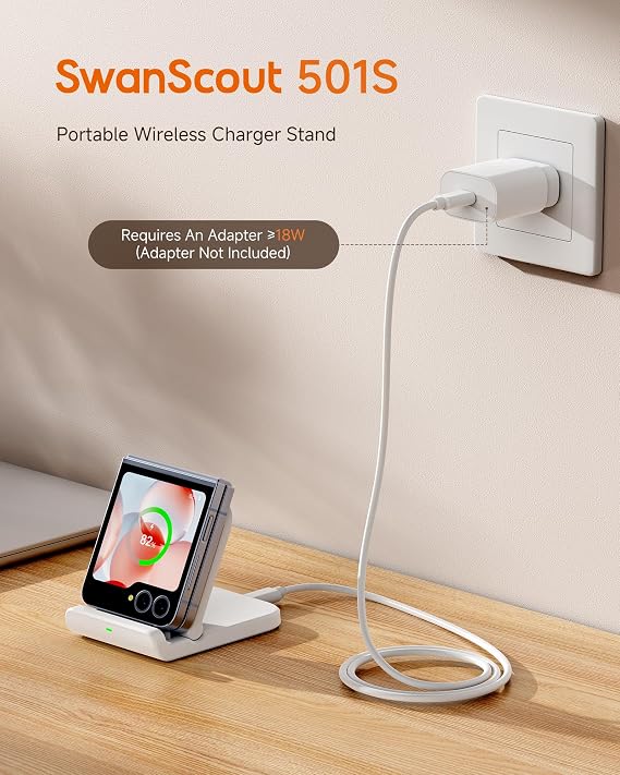 SwanScout Wireless Charger for Samsung Z Flip 6, SwanScout 501S, Foldable Fast Wireless Charging Stand for Galaxy Z Flip 6/5/4/3, Charging Station for Samsung Z Flip Series/Razr+(No Adapter)