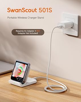 SwanScout Wireless Charger for Samsung Z Flip 6, SwanScout 501S, Foldable Fast Wireless Charging Stand for Galaxy Z Flip 6/5/4/3, Charging Station for Samsung Z Flip Series/Razr+(No Adapter)