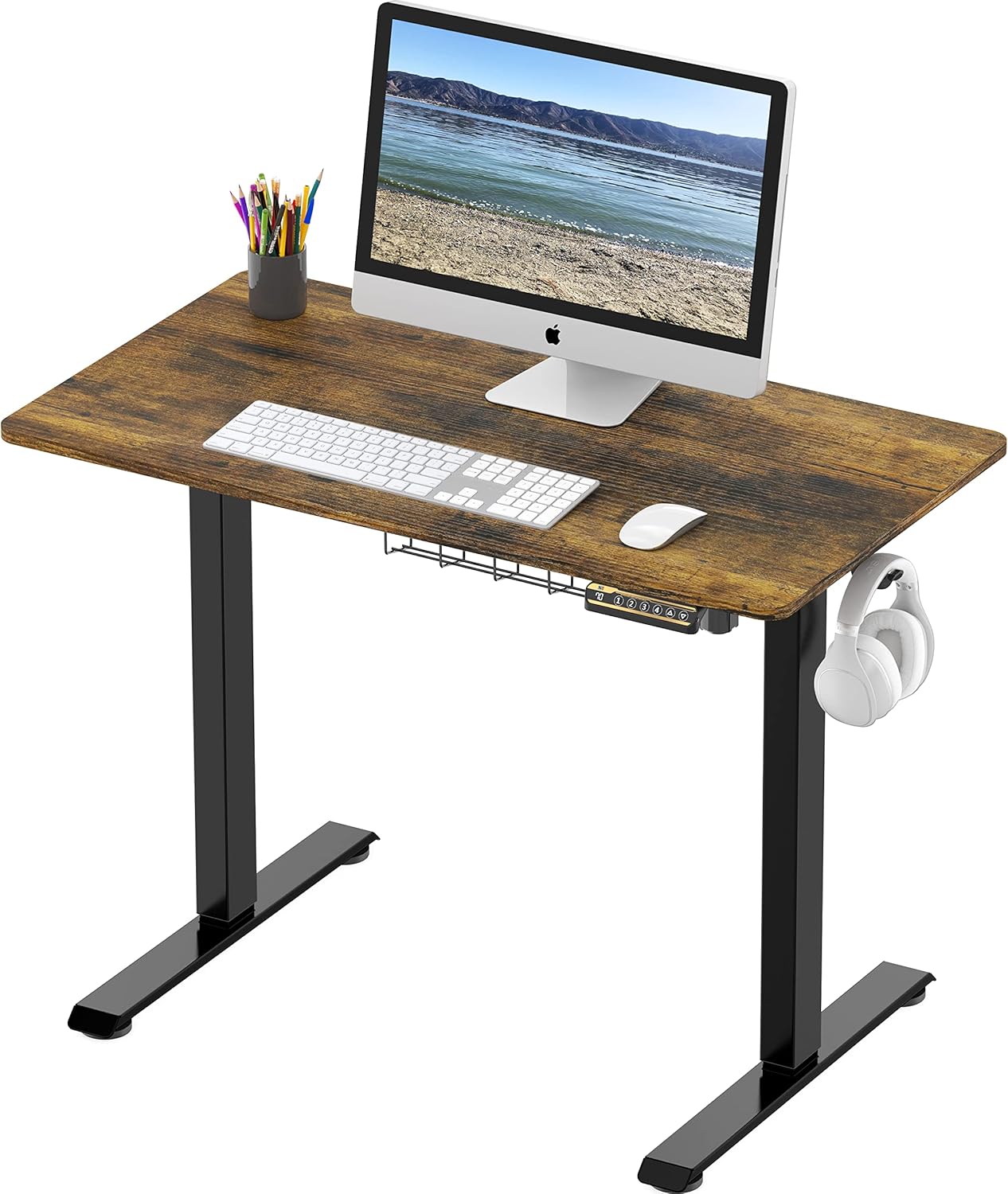 SHW Electric Height Adjustable Sit Stand Desk with Hanging Hooks and