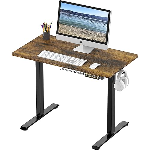 SHW Small Electric Height Adjustable Sit Stand Desk with Hanging Hooks and Cable Management, 40 x 22 Inches, Black Frame and Rustic Brown Top
