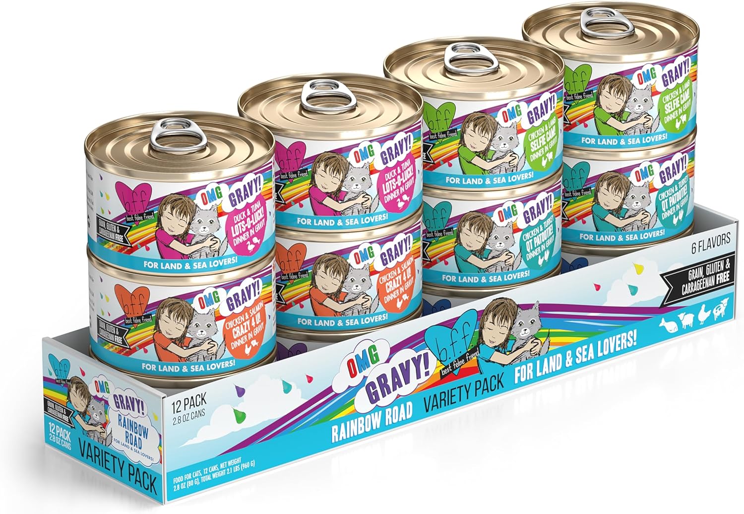 Weruva B.F.F. OMG – Best Feline Friend Oh My Gravy!, Variety Pack, Rainbow Road, Wet Cat Food by, 2.8oz Can (Pack of 12)