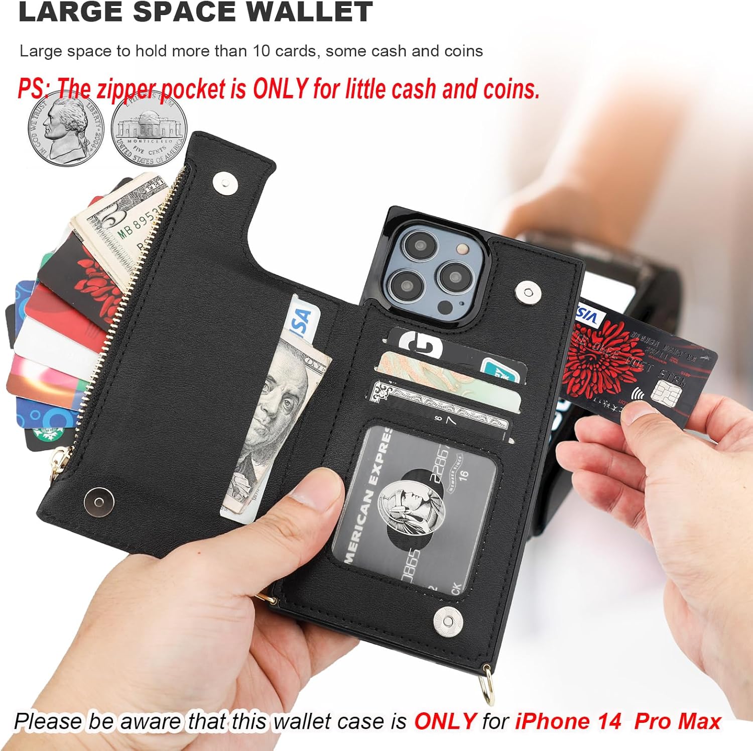 Bocasal Crossbody Wallet Case for iPhone 14 Pro Max with RFID Blocking Card Slot Holder, Magnetic Flip Folio Purse Case, PU Leather Zipper Handbag with Detachable Lanyard Strap 6.7 Inch 5G (Black) - Image 5