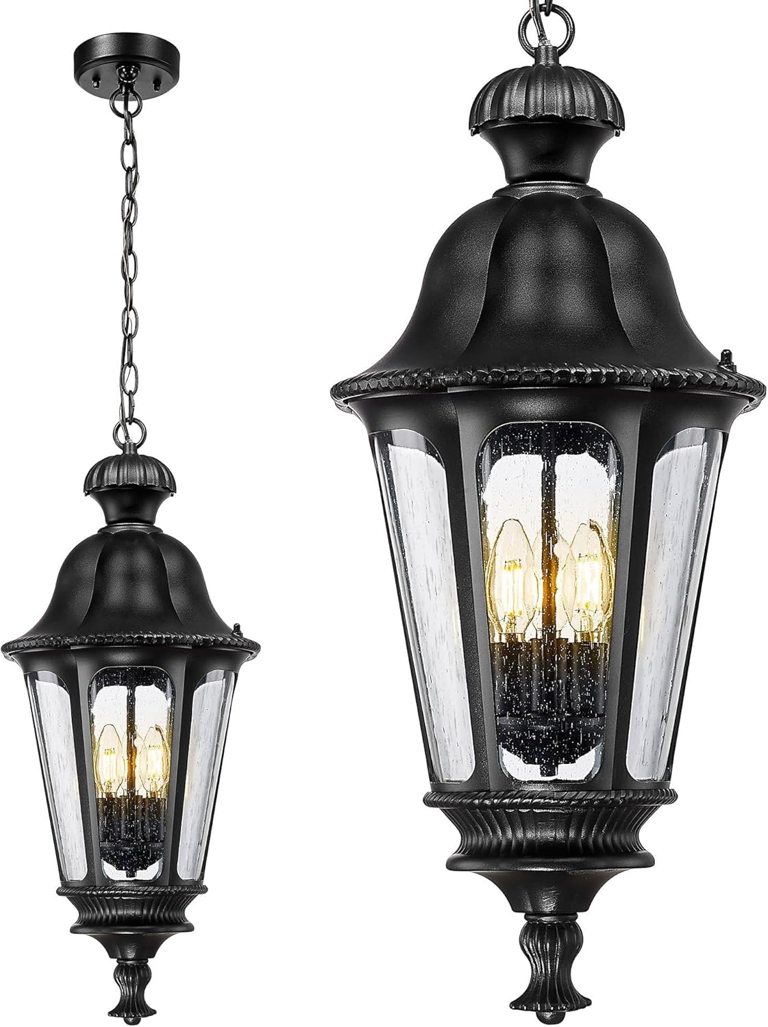 Motion Sensor Outdoor Hanging Light, HWH 360° Detection Outdoor Pendant Light for Porch, Exterior Hanging Lantern with Seeded Glass, Matte Black Finish, 5HW90H-L-SE BK