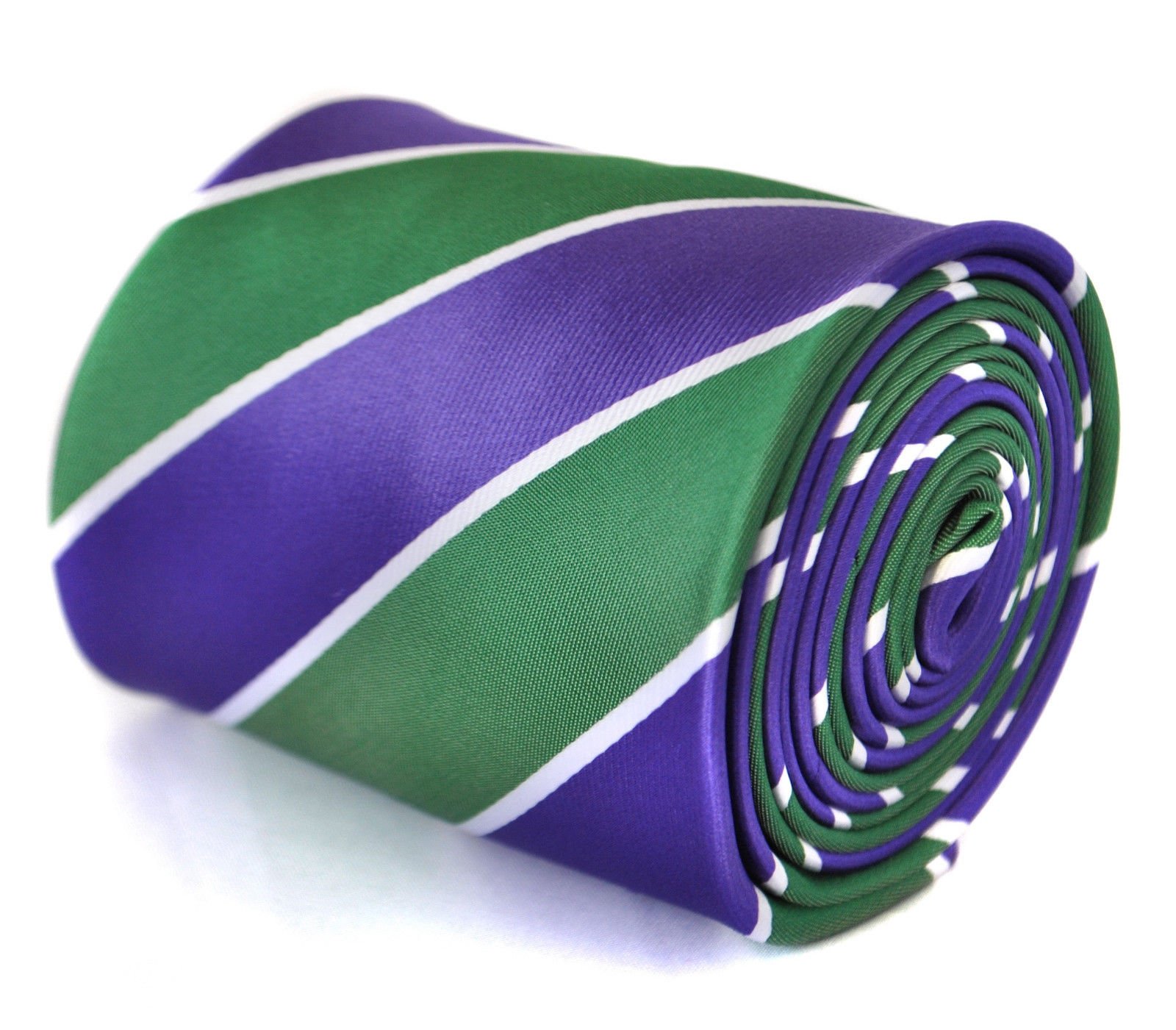 Frederick Thomas Dark Purple Green and White Barber Striped Tie for Men with 8cm Width and 147cm Long, Formal Necktie for Office, Weddings and Events