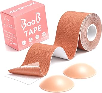 Boob Tape, Bob Tape for Large Breasts, Self-Adhesive Strapless Boobtapes with 2 Pcs Nipple Covers, 5M Stretchable Longer Roll, Perfect to Stick on Bra, Kinesiology Tape
