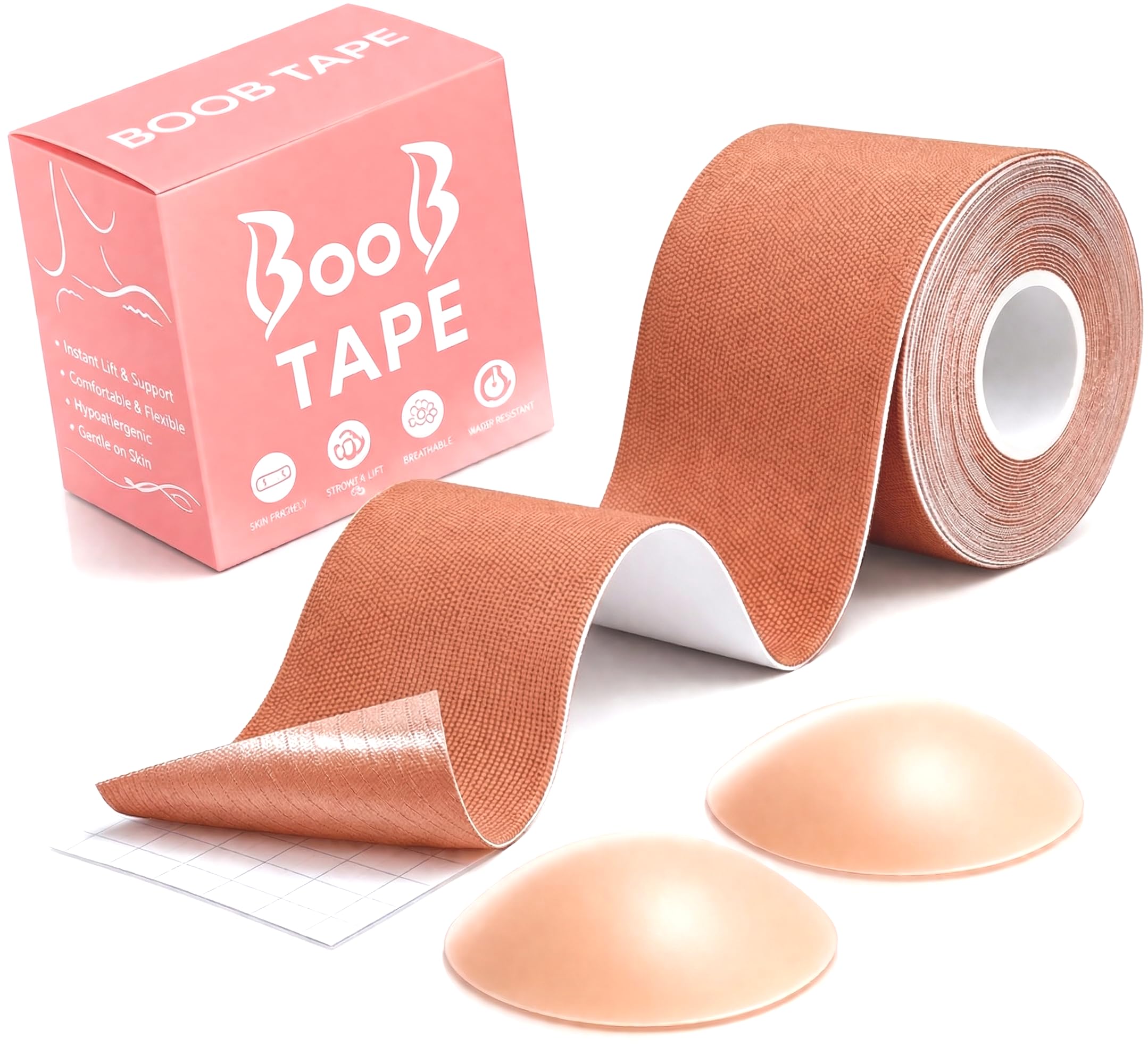 INTELLIGRON Boob Tape, Bob Tape for Large Breasts, Self-Adhesive Strapless Boobtapes with 2 Pcs Nipple Covers, 5M Stretchable Longer Roll, Perfect to Stick on Bra, Kinesiology Tape Brown
