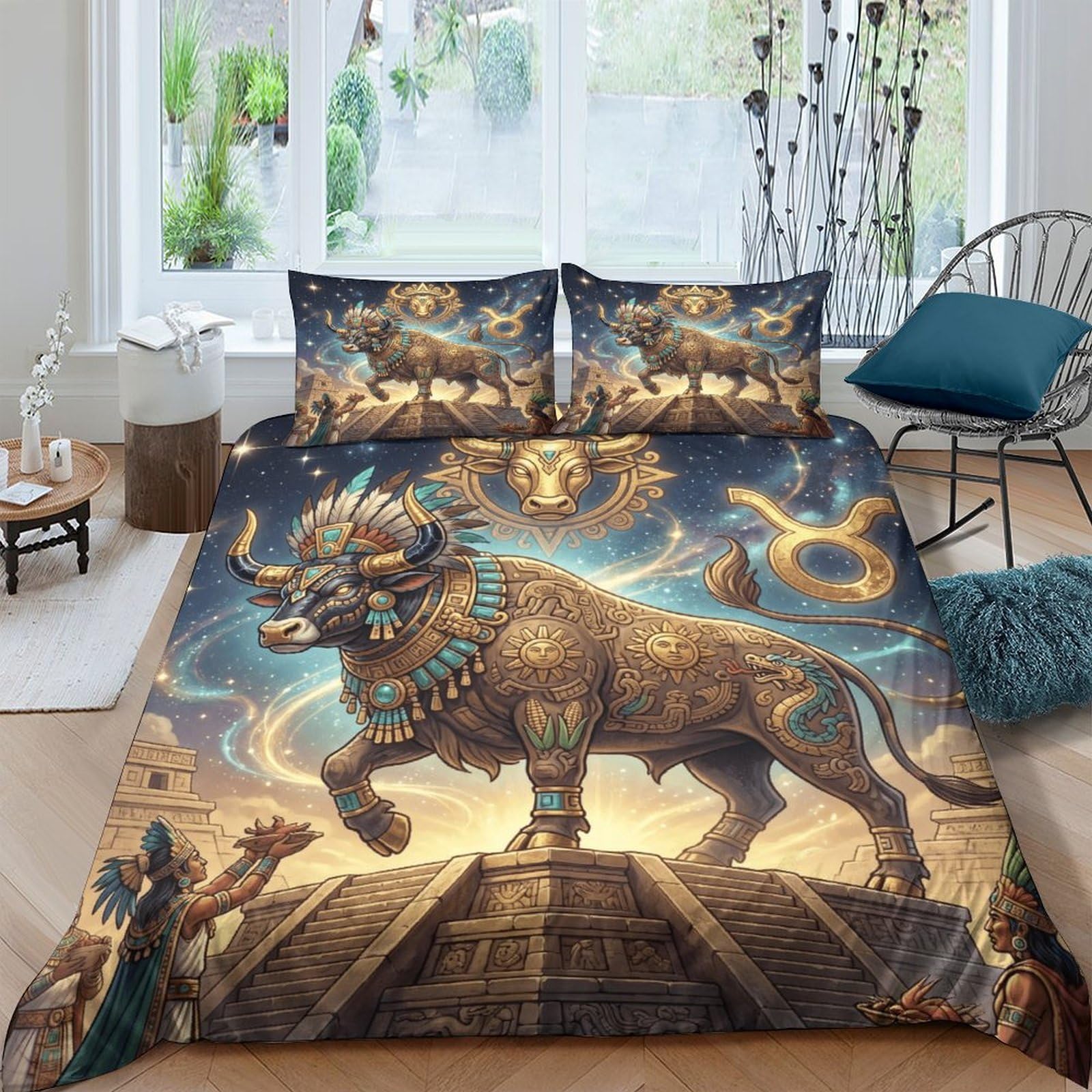 Housse de couette Taureau Aztec en literie microfibre premium au tissage haute densité
