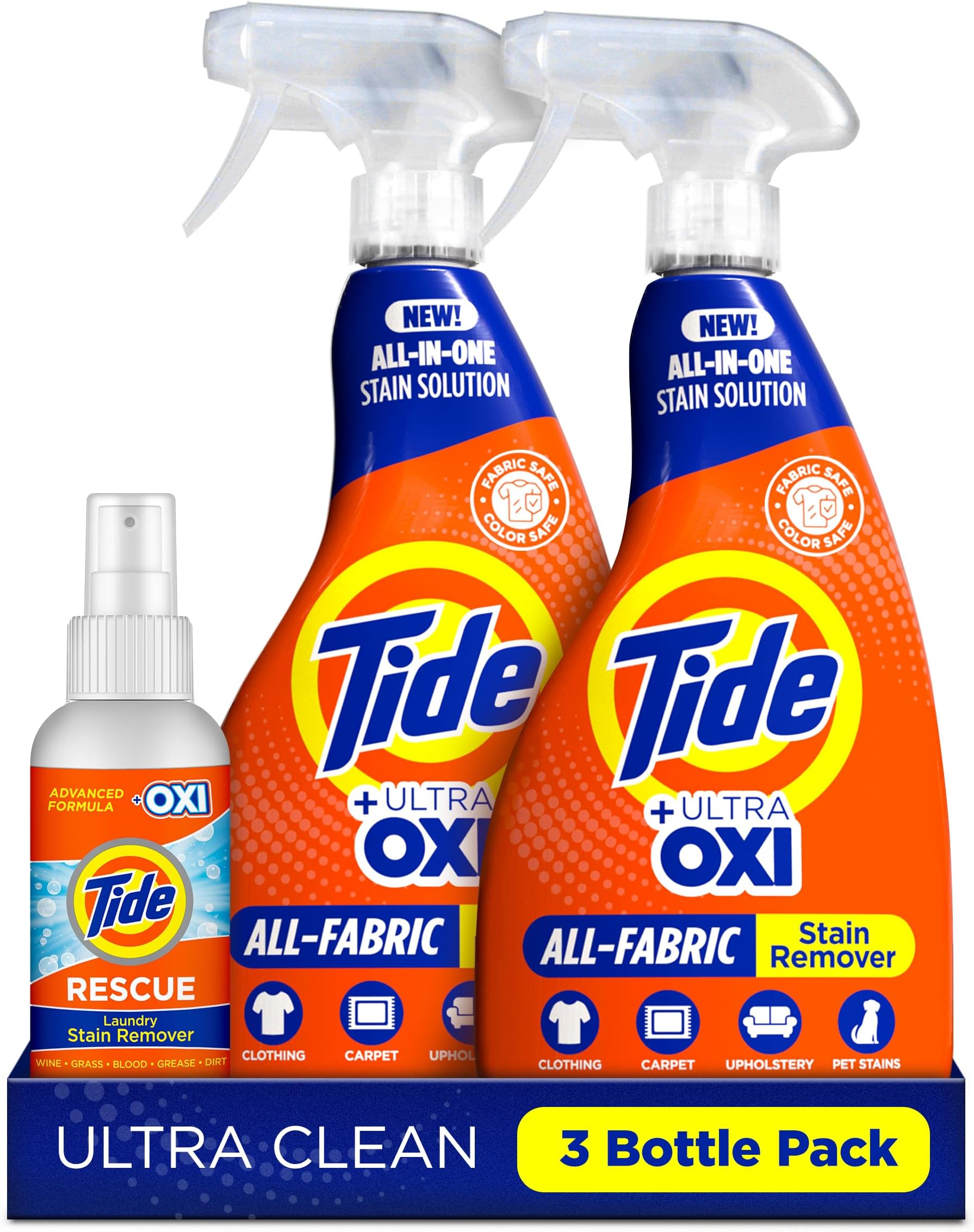 Tide Laundry Stain Remover Spray with Oxi | Stain Remover for Clothes, Carpet, Upholstery, Pet Bedding | Stain Treater Spray for Tough Stains from Wine, Coffee, Grease | 22 Fl Oz (Pack of 2) & 3 Fl Oz