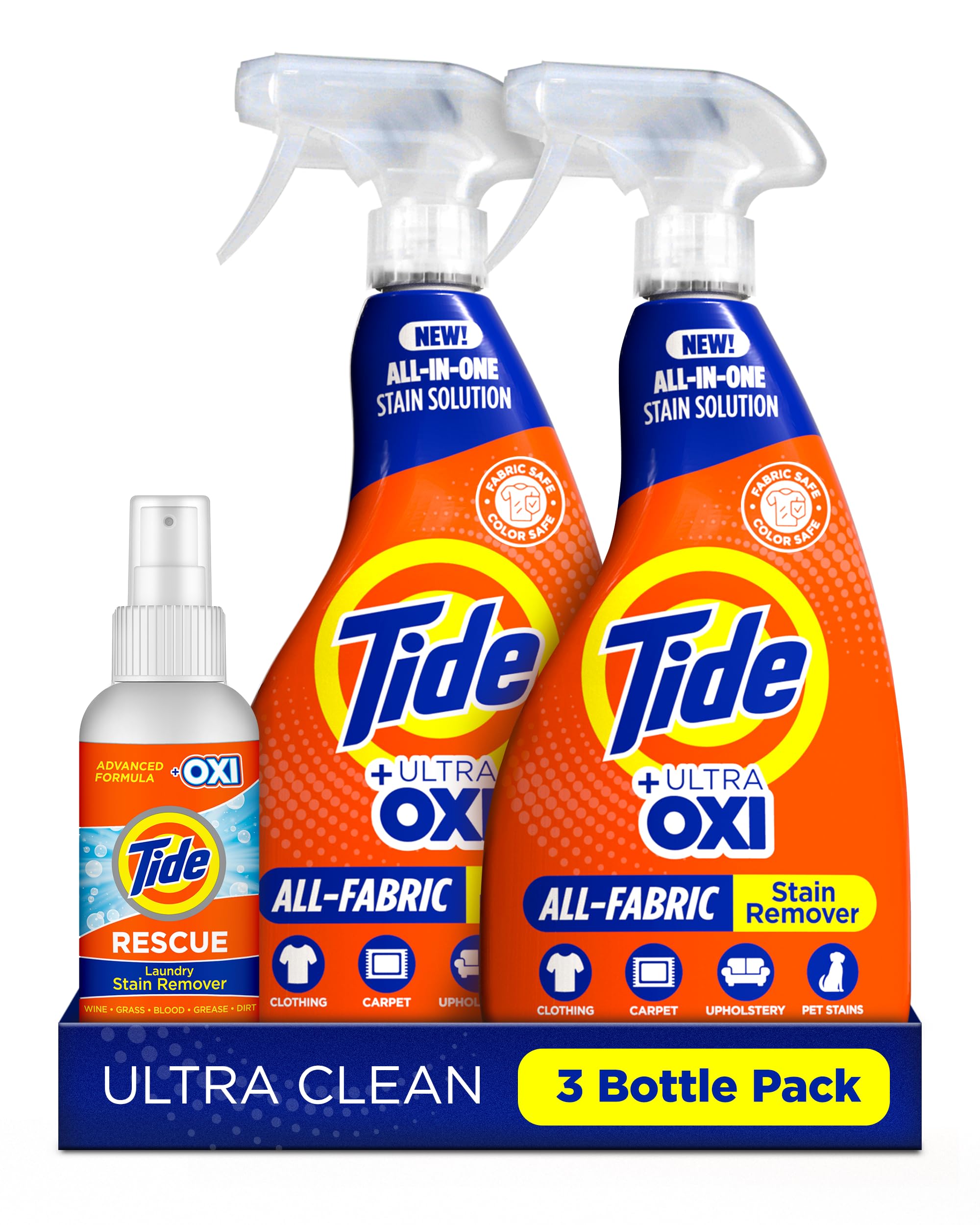 Tide Laundry Stain Remover Spray with Oxi | Stain Remover for Clothes, Carpet, Upholstery, Pet Bedding | Stain Treater Spray for Tough Stains from Wine, Coffee, Grease | 22 Fl Oz (Pack of 2) & 3 Fl Oz
