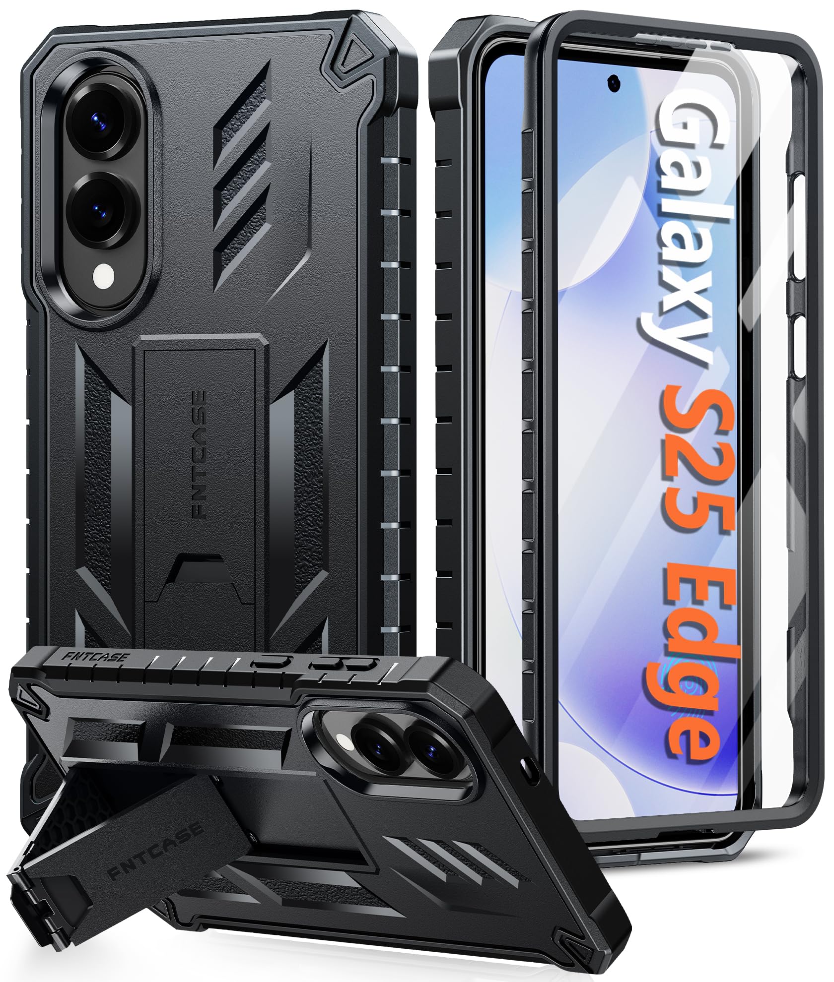 FNTCASE for Samsung Galaxy S25 Edge Case with Built-in Screen Protector | Rugged Kickstand, 20FT Military-Grade Drop Protection, Matte Textured, Heavy Duty Shockproof TPU Protective Cover Black For Galaxy S25 Edge 6.7 Inch