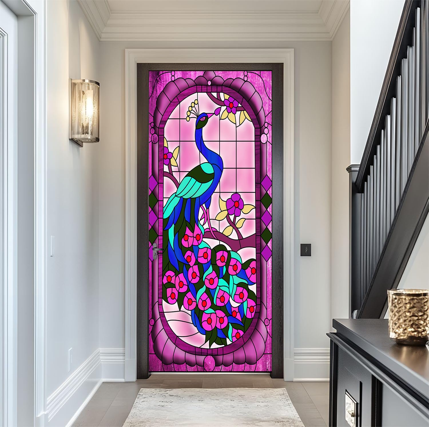 Flfk Mt3959 Peel And Stick Door Sticker 77X200cm-3D Stained Glass Peacock Self-Adhesive Door Mural Poster Photo Wallpaper For Bedroom Office Decor(2Pcs/Set)