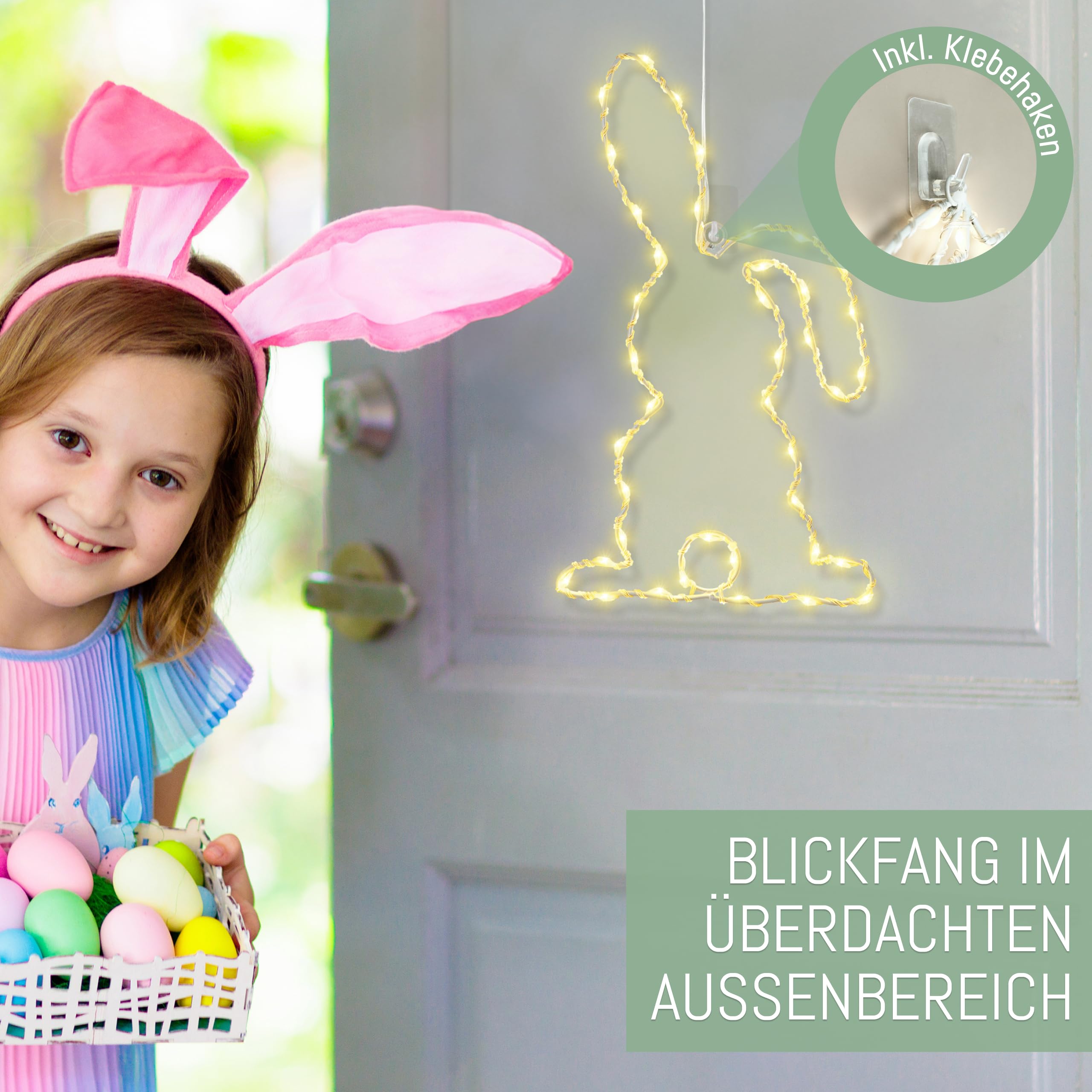 CozyHome Oster-Lichtkranz Mit 40 Warmweißen LEDs – Batteriebetrieben Mit Timer, Inkl. Saugnapf & Klebeaufhängung – Schöne Deko Für Tür, Fenster Oder Wand
