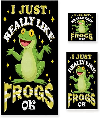 Juego de toallas de baño con diseño de rana, con texto en inglés "I Just Really Like Frogs, Ok", juego de toallas de 3 piezas con estampado suave y