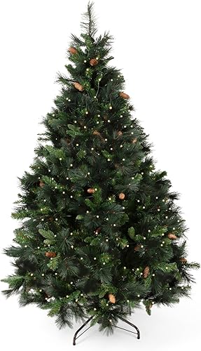 Miniatura 8 de Papyrus Árbol de Navidad artificial preiluminado de 9 pies, pino de Carolina, conos de pino, luces blancas cálidas, incluye soporte y bolsa de