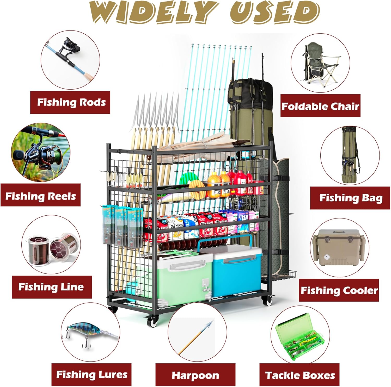 Fishing Rod Storage With 15 Hooks For Garage, 45.2in Extra Large Fishing Pole Holder Gear Organizer Rack Up To 20 Rods, Tackle Box Reel Storage Cart