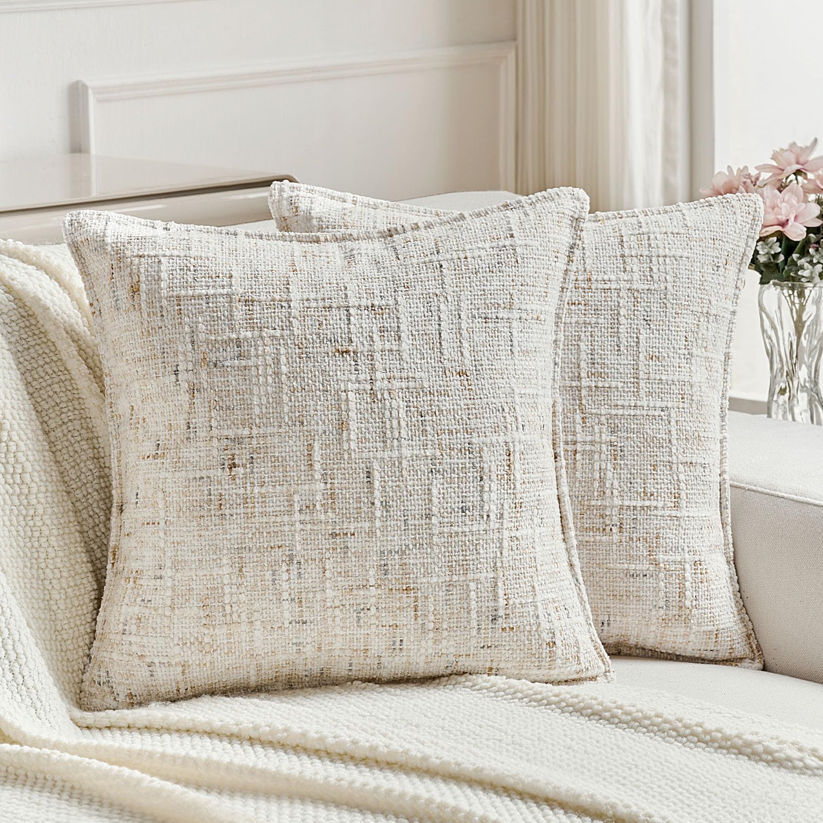Ystyle 2 Pezzi Federe Cuscini Divano 40x40 in Chenille e Velluto, Copricuscini Morbidi con Texture Tintura a Spruzzo e Cerniera a Cuore Oro, Fodere Moderne Eleganti per Letto Soggiorno, Crema