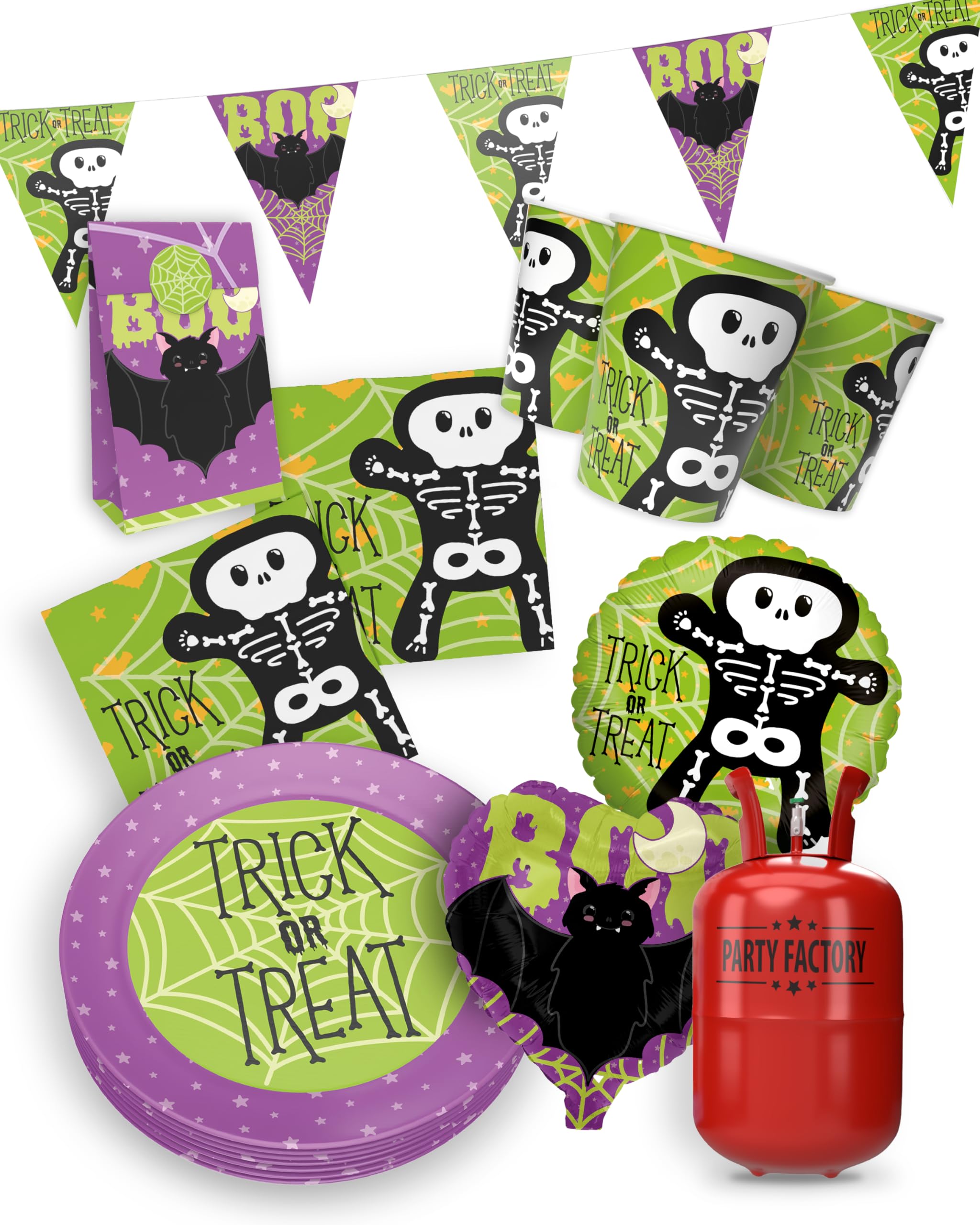 Party Factory – Halloween Partydeko Komplettset für Kinder - 57 tlg. Tischdeko Pappgeschirr mit Wimpelkette für Halloweenpartys & Mottopartys - Party Deko Bundle mit Tellern, Servietten etc.