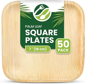 ECO Leaf 50 Pack 7  18cm Square Disposable Palm Leaf Plates   Compostable, Eco-Friendly, Biodegradable, Bamboo Plates, Oven Safe, Perfect for Weddings, Parties, Picnics and Dessert Tableware