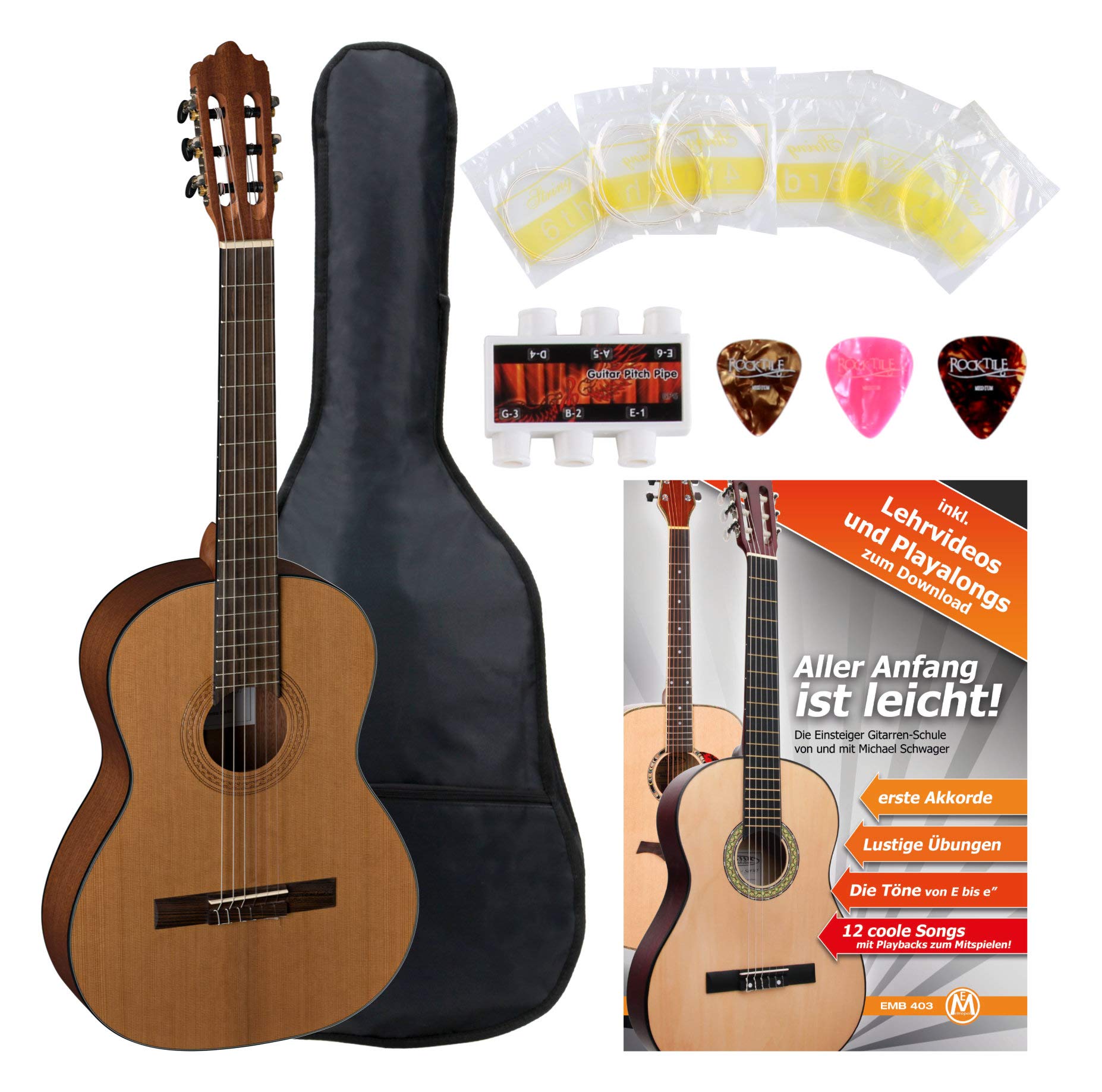 La Mancha Rubinito CM/63 Konzertgitarre Starterset (7/8 Klassigitarre, massive kanadische Zederndecke, Griffbrett: Ovangkol, inkl. umfangreichem Zubehörset) Natur offenporig matt