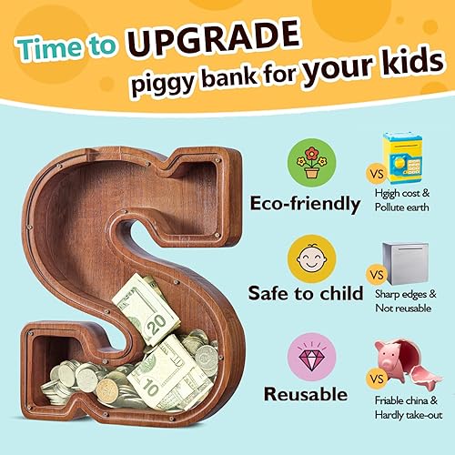 Miniatura 384 de SummiDate Alcancía de madera con nombre, niños y niñas, tamaño grande, letras alfabeto A-Z, monedas y billetes, inicial en cubierta transparente