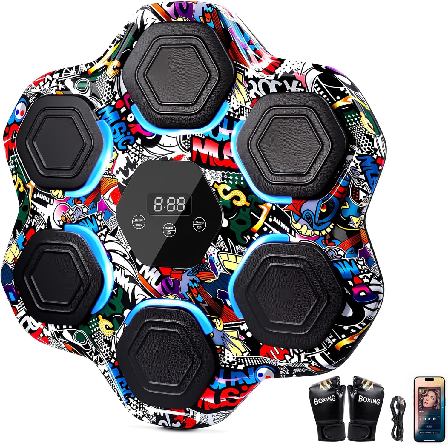 Upgraded Music Boxing Machine for Adults and Kids, Bluetooth Smart Boxing Machine with Gloves, Large Size Wall Mounted Interactive Punching Trainer, Adjustable Height, 9 Modes & 9 Speeds for Home, Gym