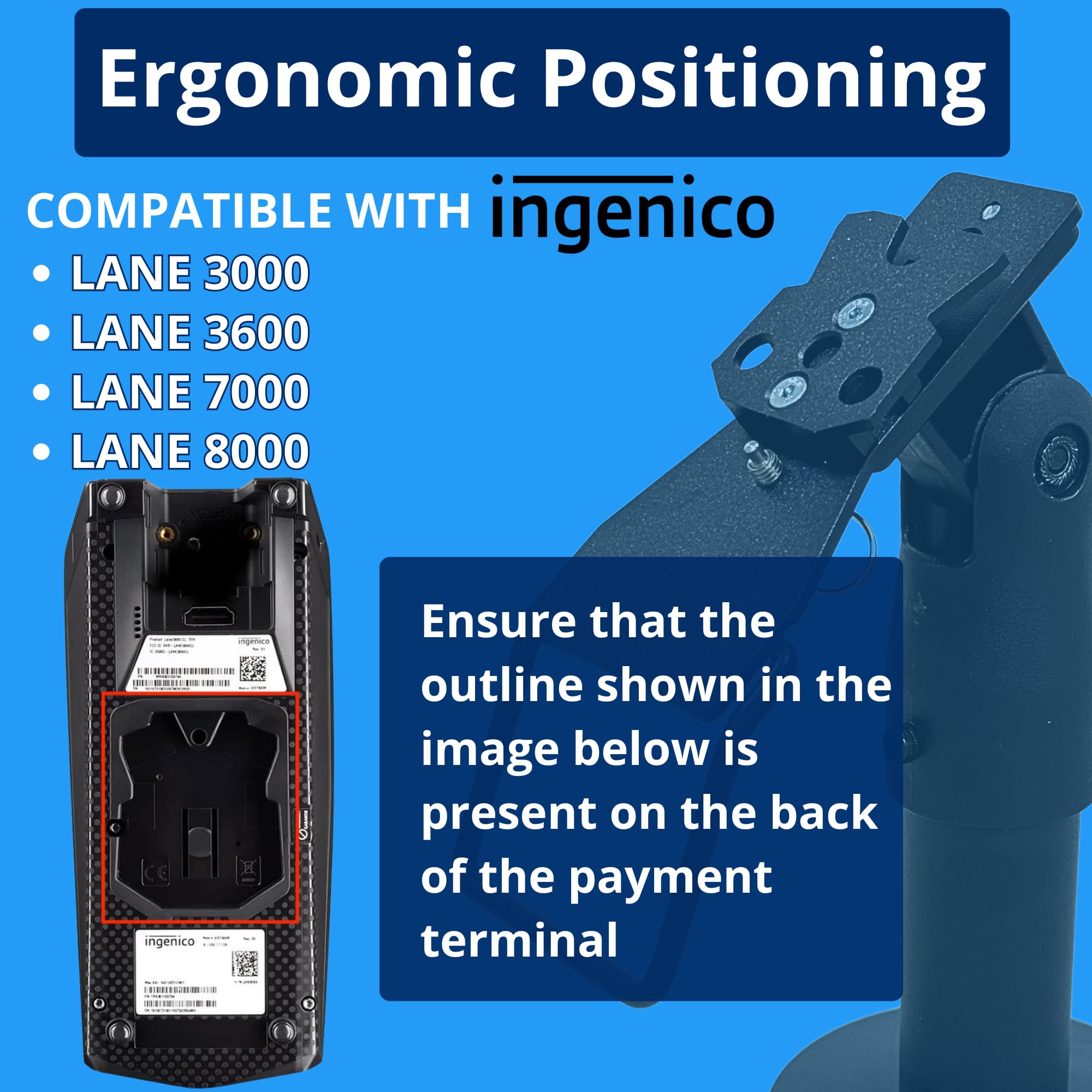 Supporto Ergonomico per Terminale di Pagamento POS da Banco Ingenico Lane 3000/3600/7000/8000 - Stand POS Bancomat con Maniglia, Rotazione 180° Inclinazione 45°, Montaggio Viti o Adesivo