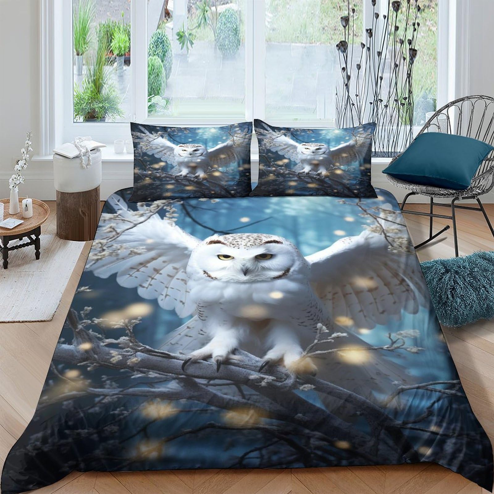 Parure de lit microfibre douce hibou blanc 3D housse de couette King enfant