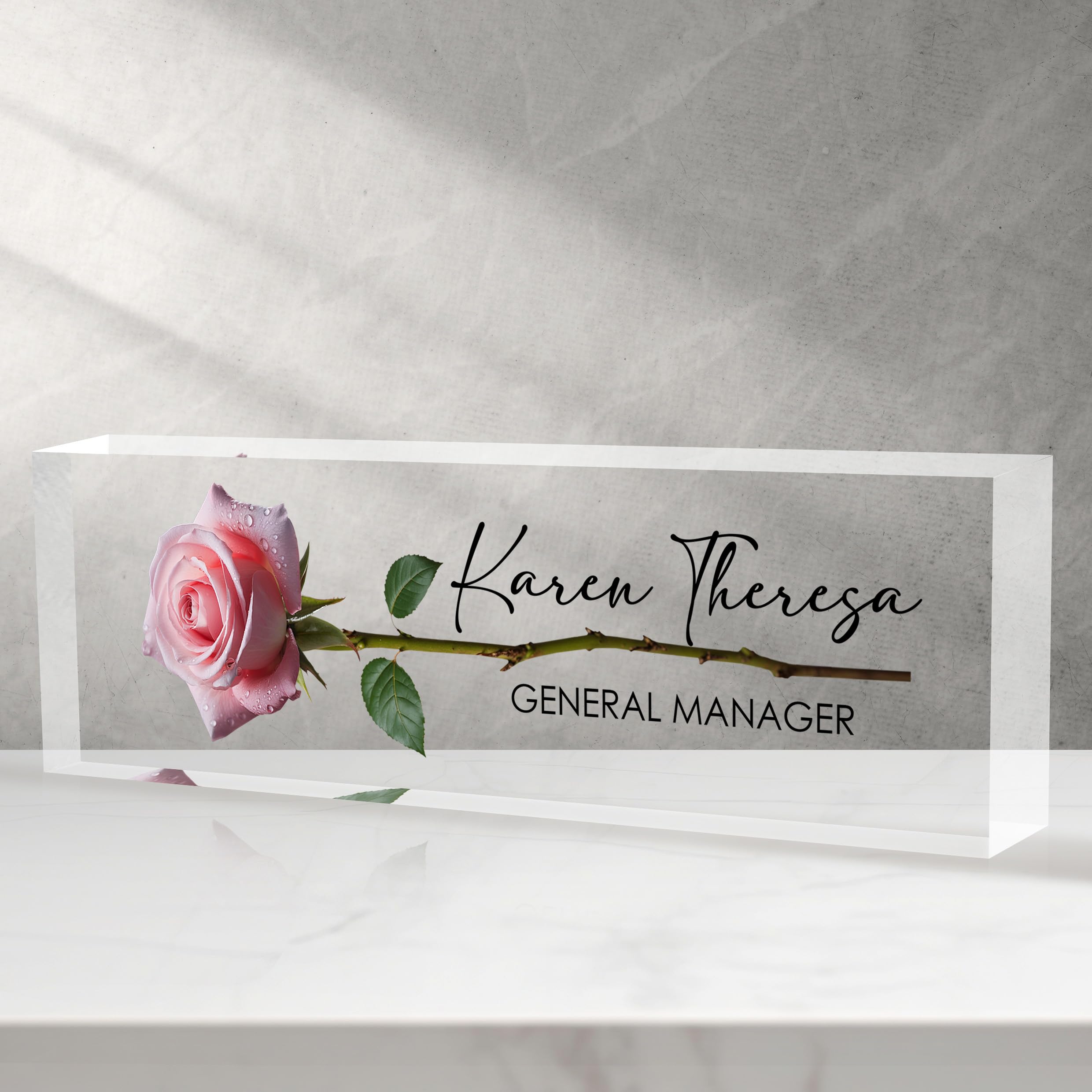 Custom Office Name Plate, Personalized Gifts for Women &amp; Employees, Office Desk Accessory (A Rose)