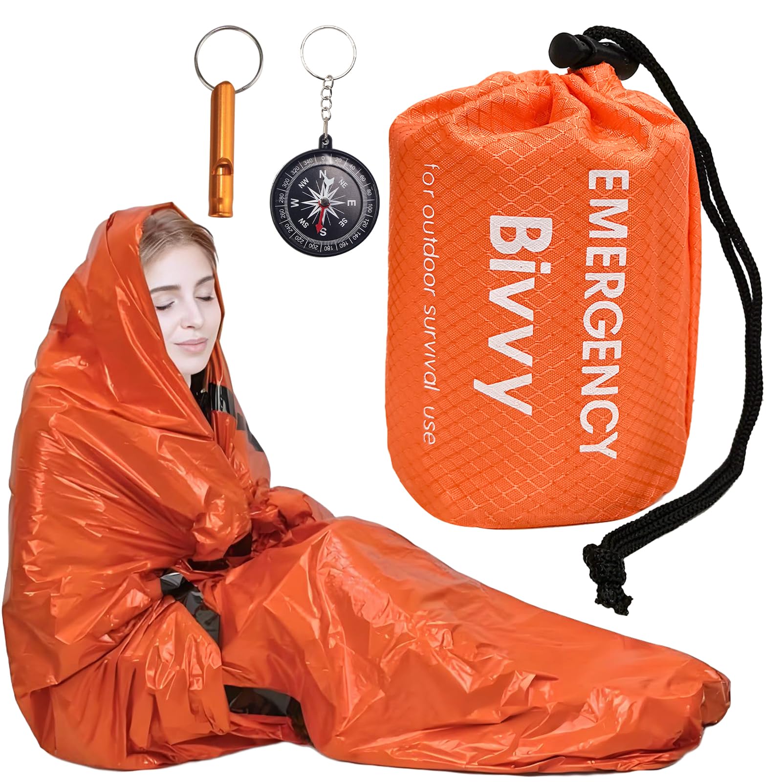 Makoto Nobu Orange Emergency Sleeping Bag, Survival Bivvy Bag, Survival Camping Bivy Sacks, Emergency Rescue Blanket With Compass And Whistle For Camping Hiking Outdoor Adventure