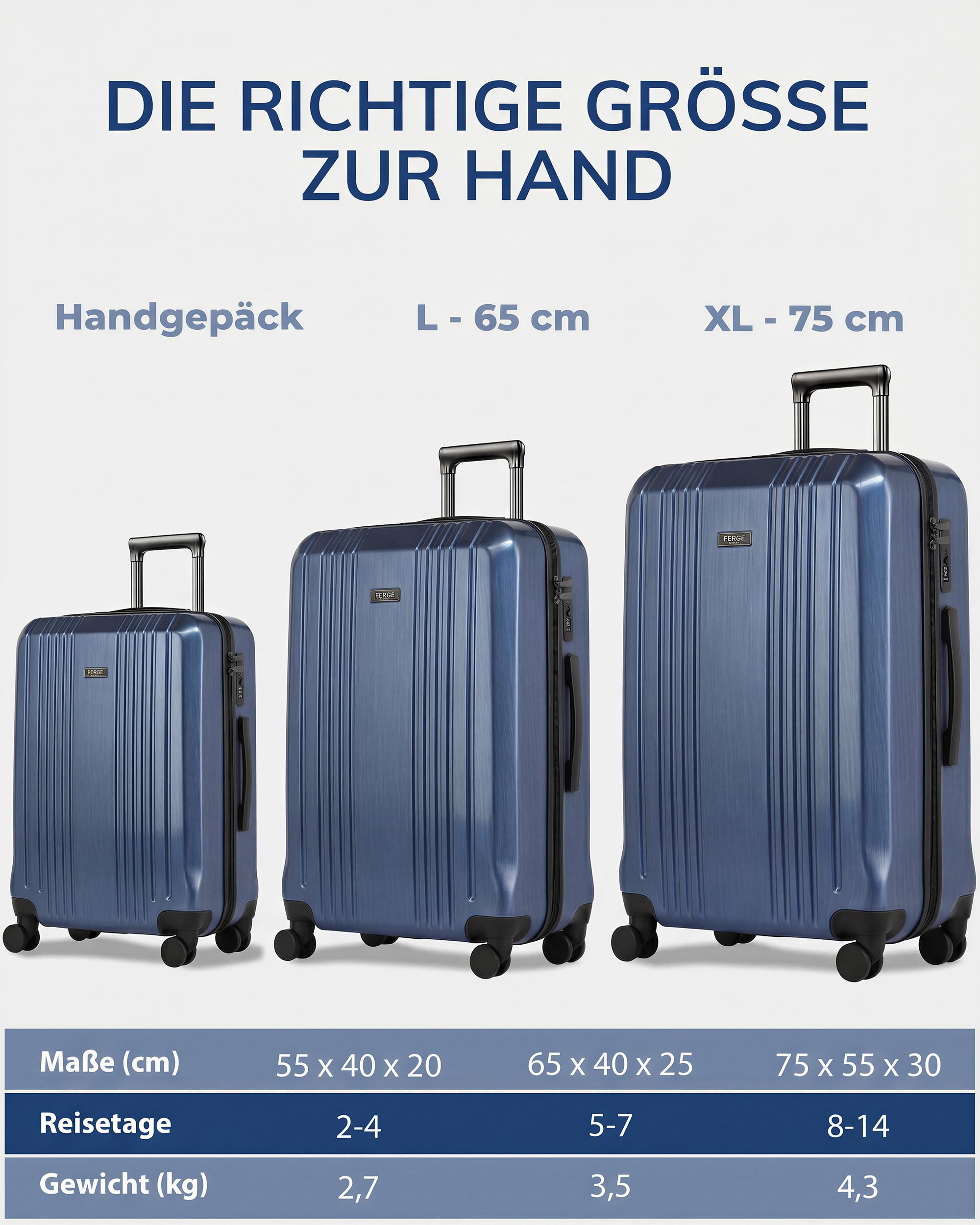 FERGÉ Kofferset 3 teilig Hartschale TSA-Zahlenschloß Cannes Reisekoffer Trolley-Set (Handgepäck, L, XL) 3er Set Hartschalenkoffer Roll-Koffer 4 sanfte Rollen - sehr robuster Polycarbonat Koffer